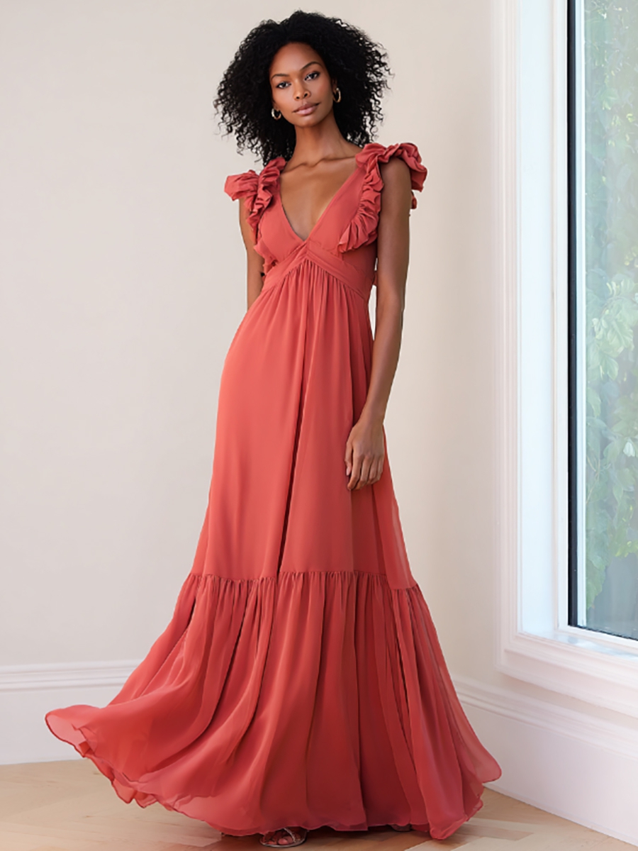 ACEVIE Chiffon V Neck Ruffled Sleeveless Floor Length Formal Dresses