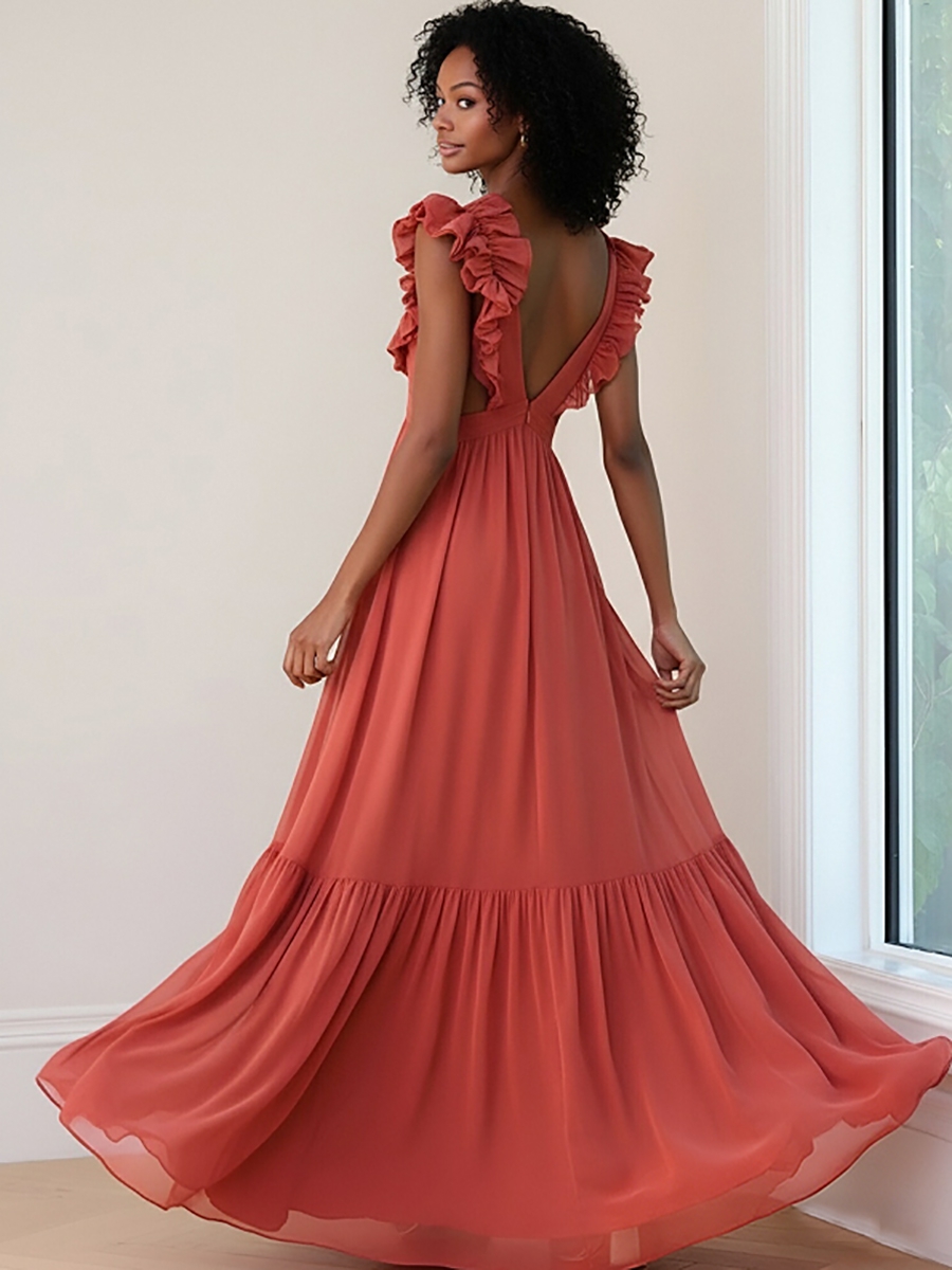 ACEVIE Chiffon V Neck Ruffled Sleeveless Floor Length Formal Dresses