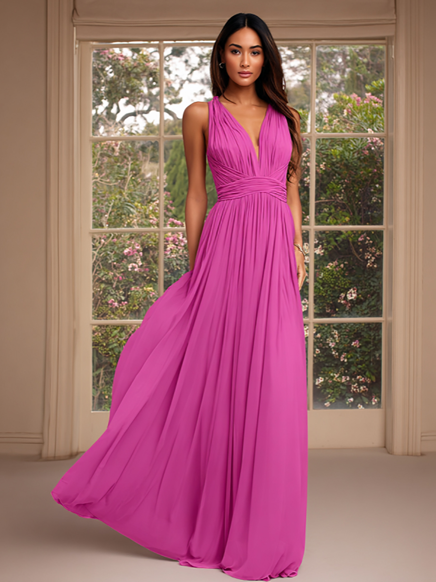 ACEVIE A Line V-Neck Sleeveless Chiffon Stylish Formal Dresses with Pleats