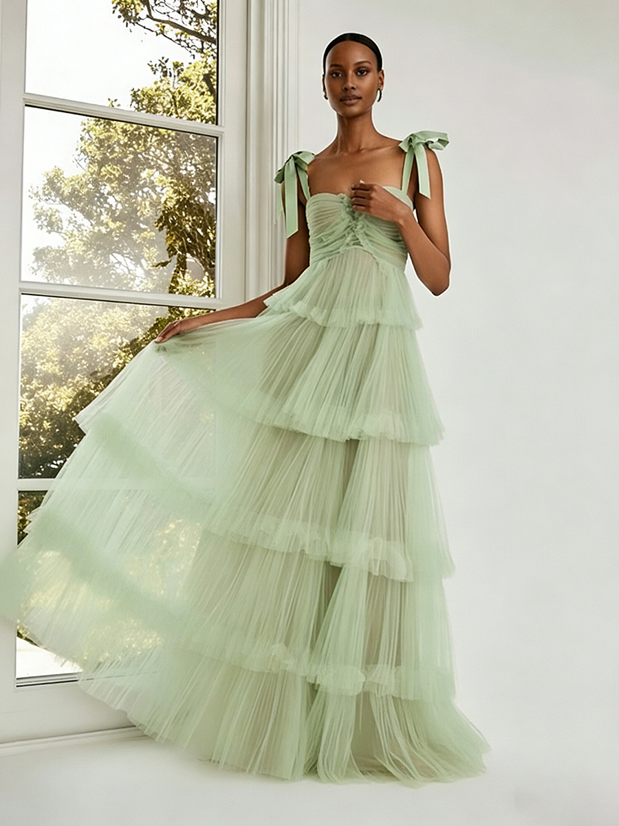 ACEVIE Tulle A Line Straps Romantic Long Formal Dresses with Tiered Ruffles