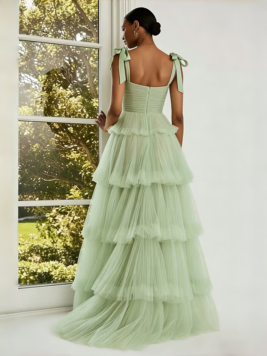 ACEVIE Tulle A Line Straps Romantic Long Formal Dresses with Tiered Ruffles