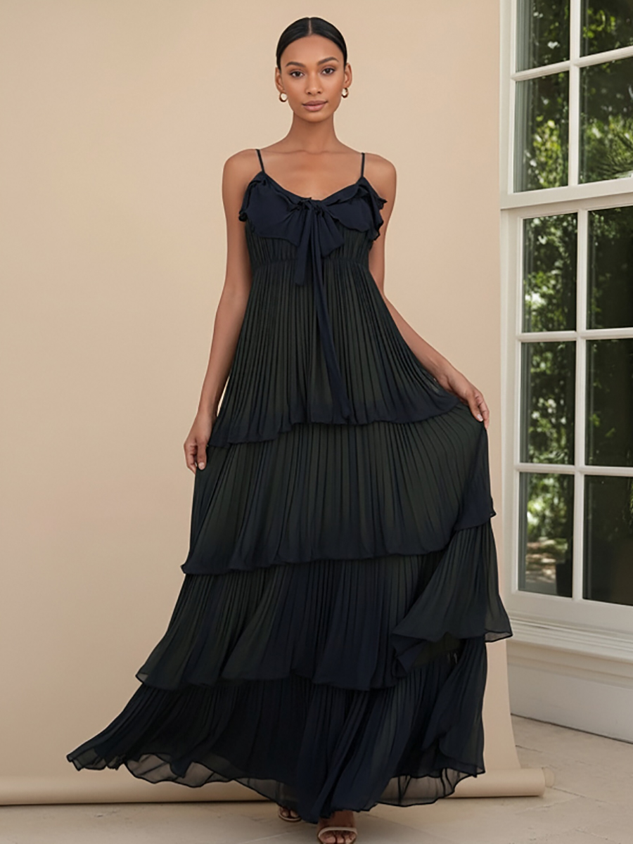ACEVIE Chiffon A Line Spaghetti Straps Tiered Formal Dresses with Bows