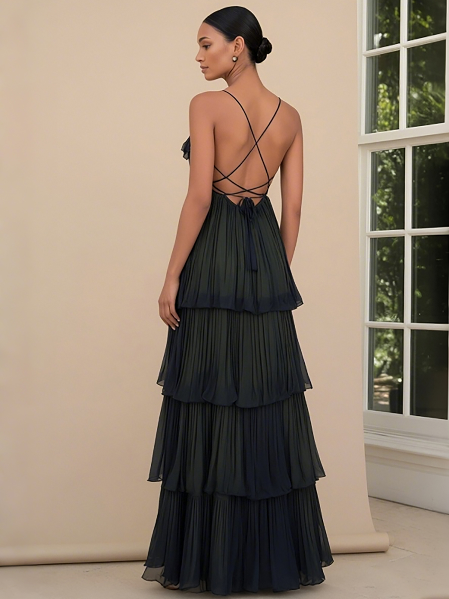 ACEVIE Chiffon A Line Spaghetti Straps Tiered Formal Dresses with Bows