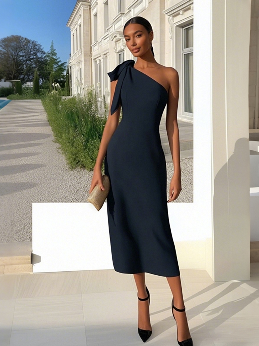 ACEVIE Sheath Tea Length One Shoulder Versatile Formal Dresses with Bows