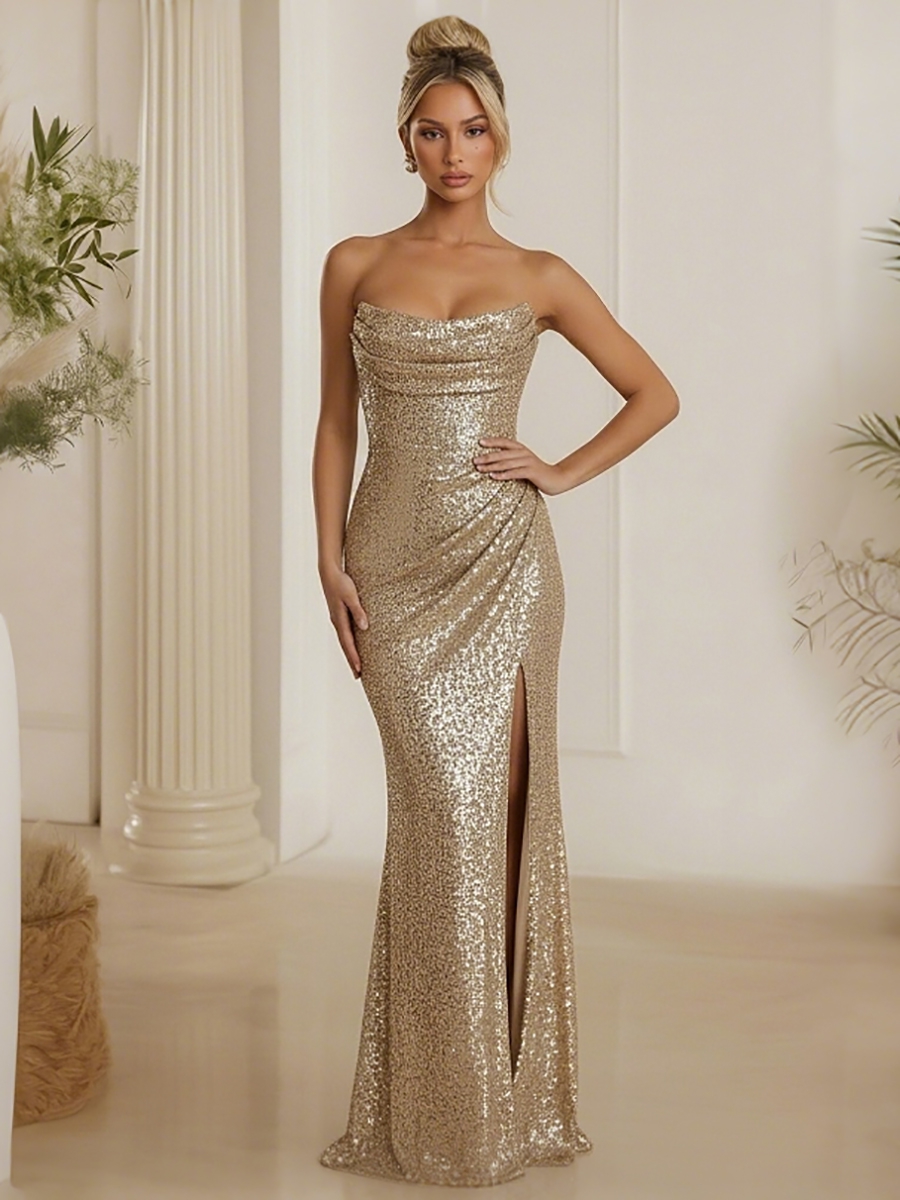 ACEVIE Sheath/Column Sweetheart Ruched Sequined Formal Dresses with Split Side
