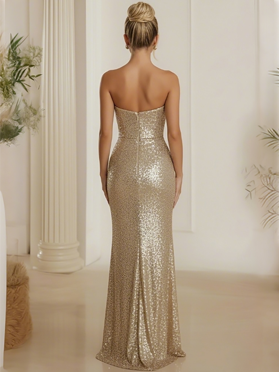 ACEVIE Sheath/Column Sweetheart Ruched Sequined Formal Dresses with Split Side