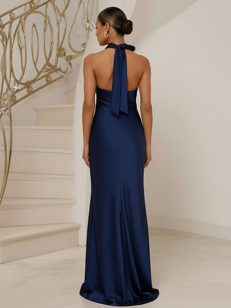 ACEVIE Sheath/Column Halter Neck Sleeveless Floor Length Satin Formal Dresses