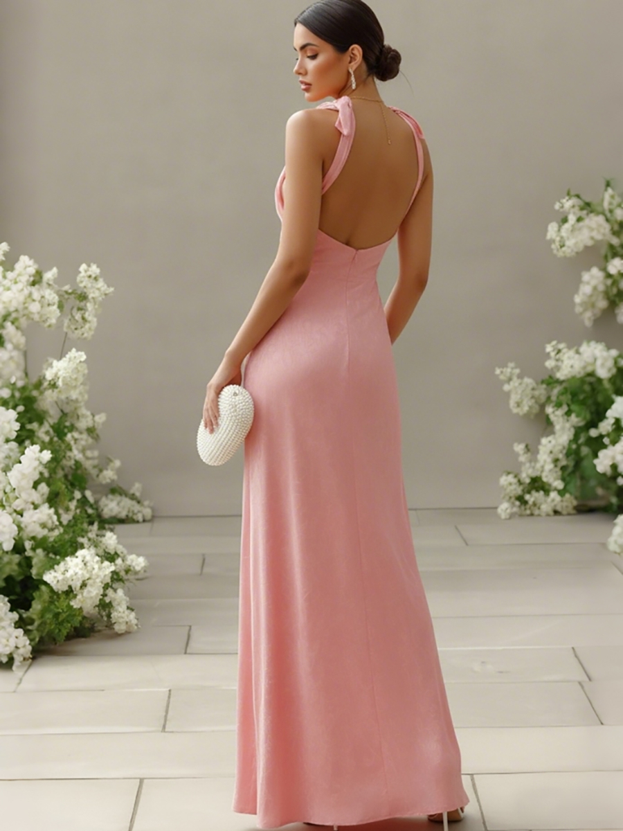 ACEVIE A Line Tie Straps Ruched Floor Length Sweet Party Formal Dresses with Opened Back