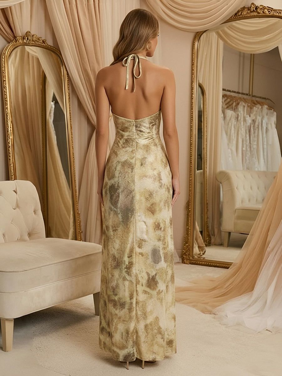 Sheath Halter Sleeveless Floral Print Floor Length Formal Dresses with Slit