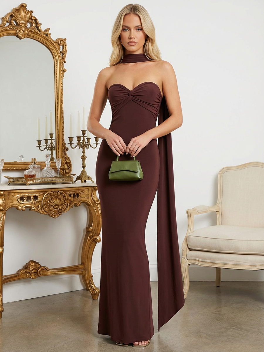 Mermaid Floor Length Strapless Formal Dresses with Scarf & Twist 