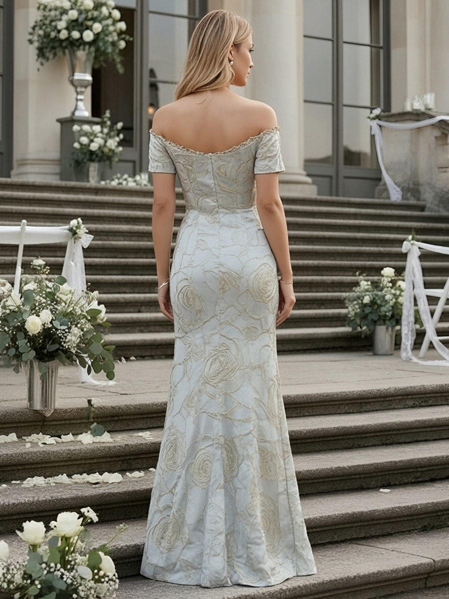 Jacquard Off the Shoulder Floor Length Floral Formal Dresses with Slit Side