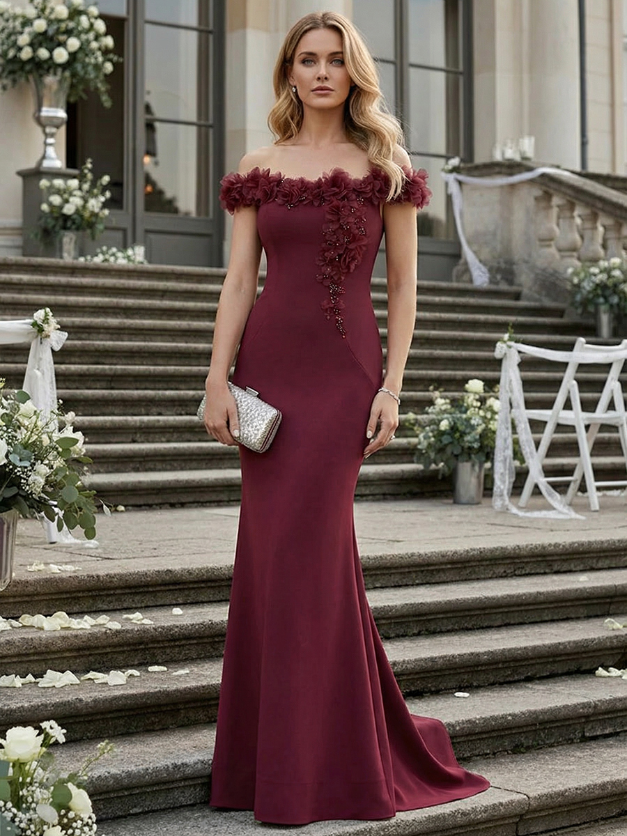 Mermaid Beaded Off the Shoulder Long Elegant Formal Dresses with 3D Flowers