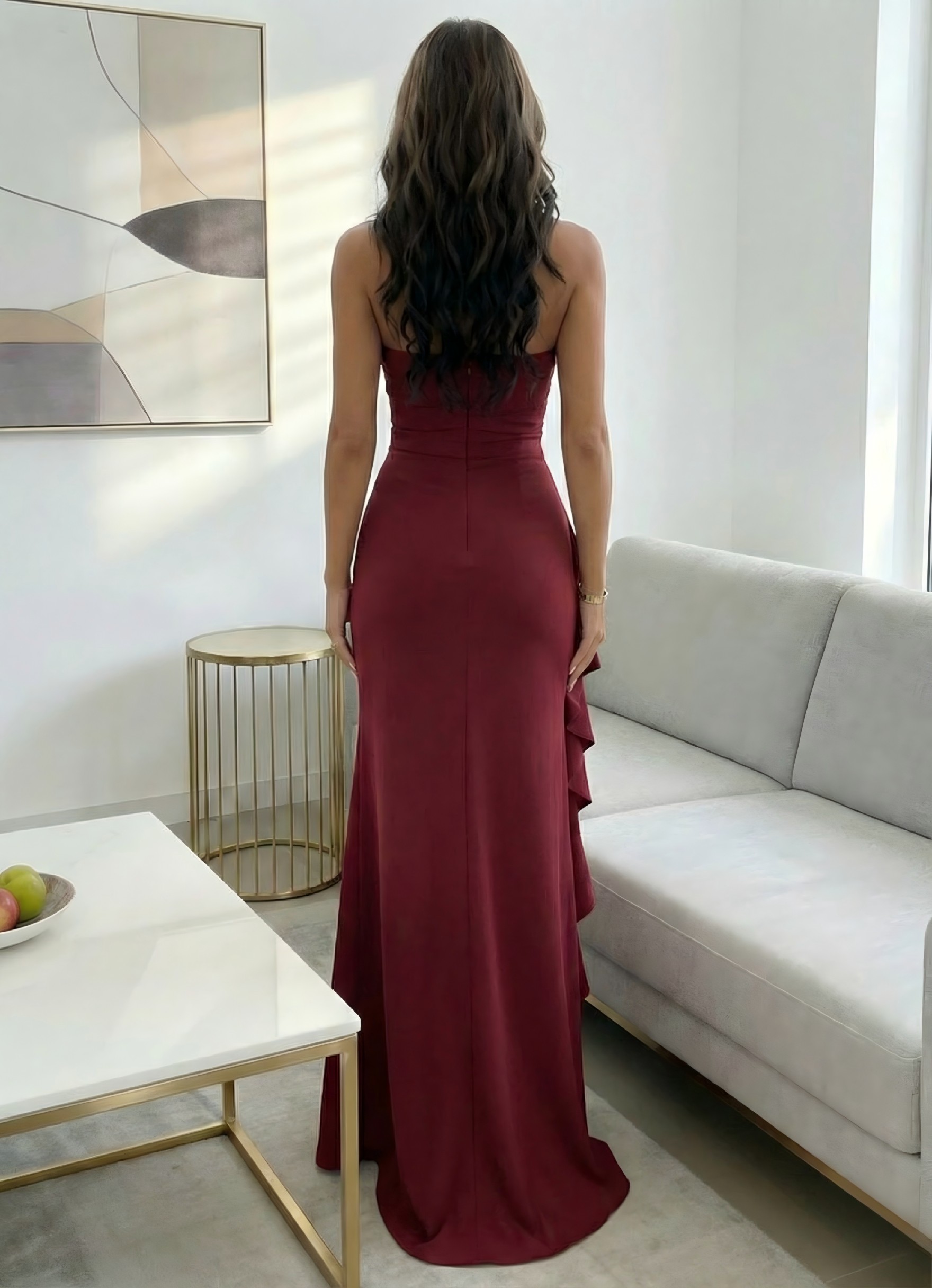 Strapeless Chiffon Mermaid Ruffles Sleeveless Pleated Formal Dresses with Slit