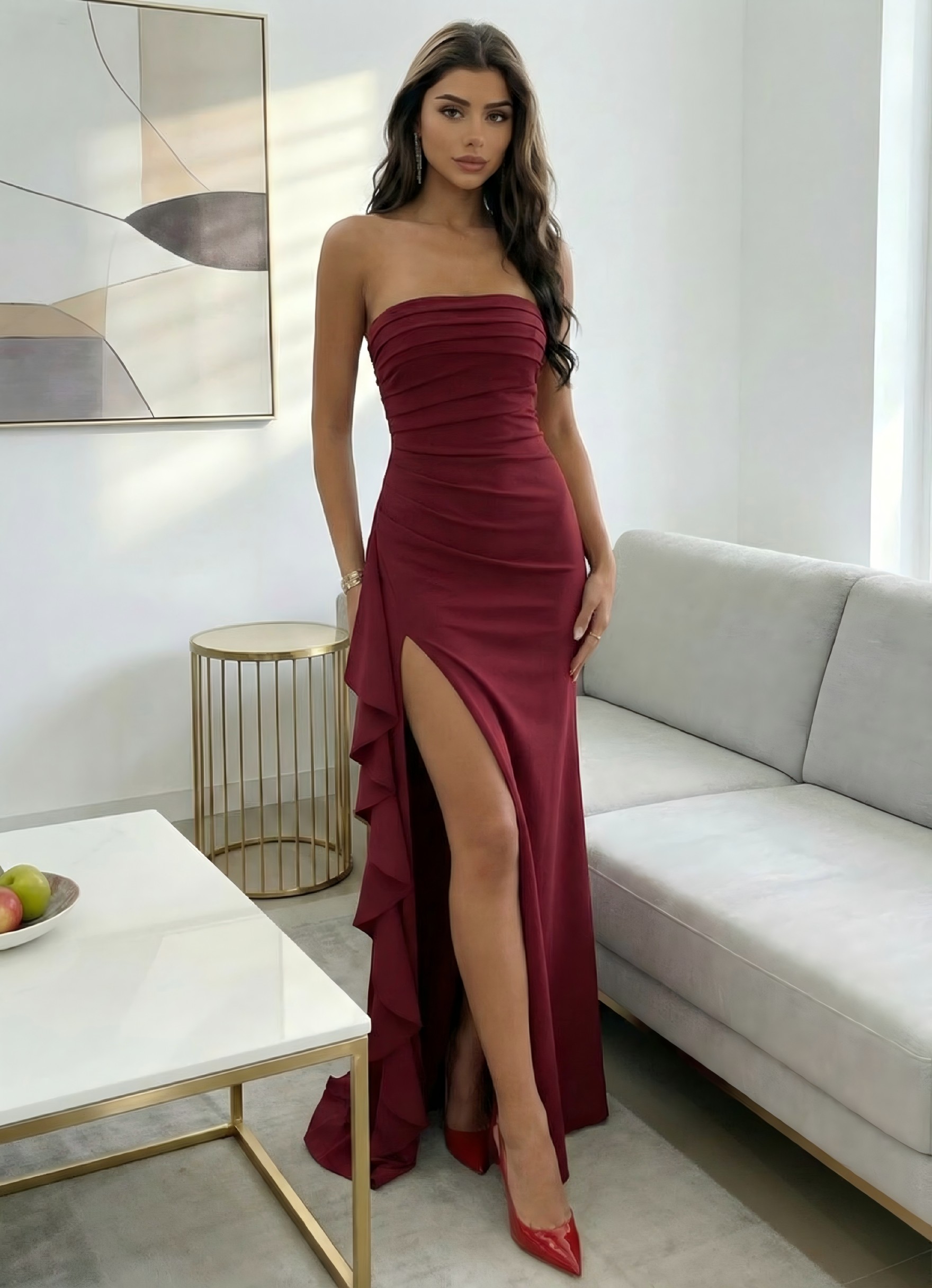 Strapeless Chiffon Mermaid Ruffles Sleeveless Pleated Formal Dresses with Slit