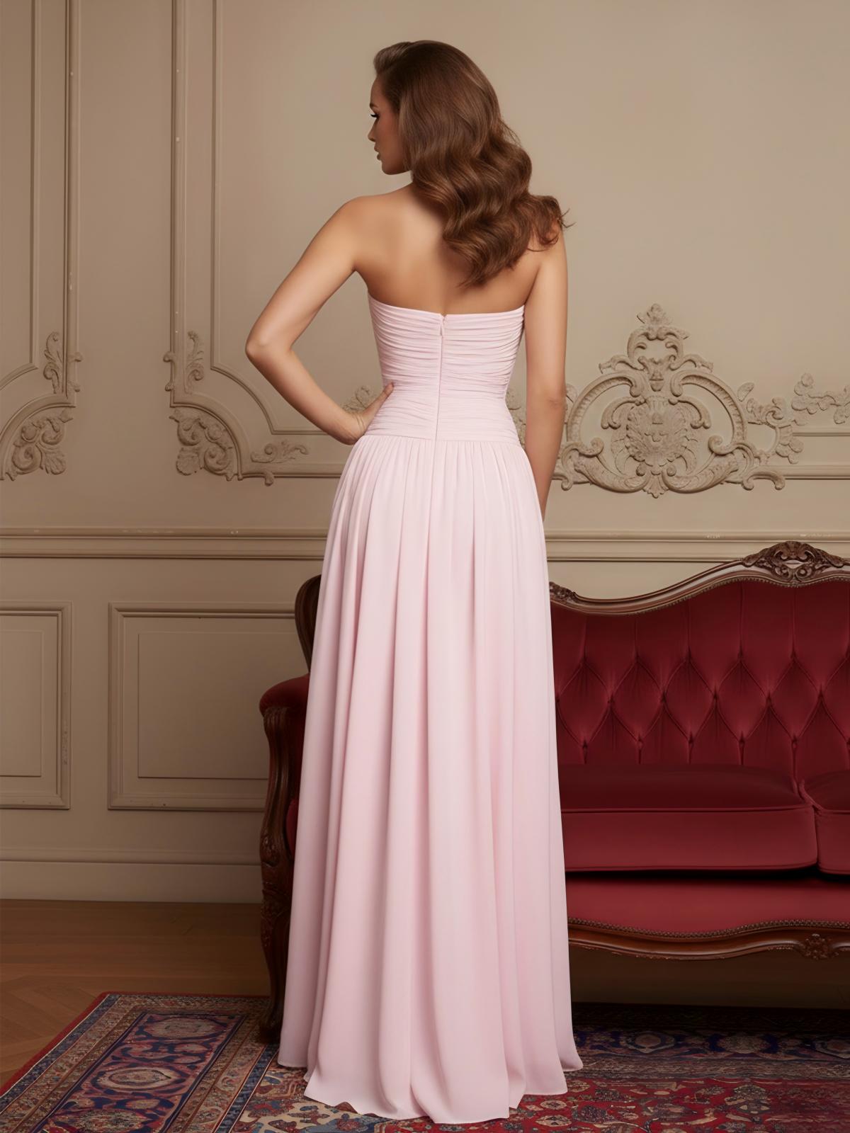 Chiffon Strapless Ruched Drop Waist Formal Dresses with Slit