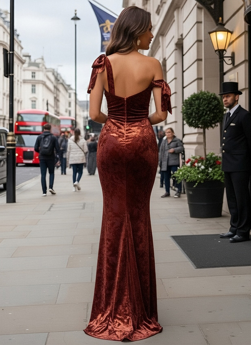 One Shoulder Satin Floral Print Mermaid Ruched Formal Dresses