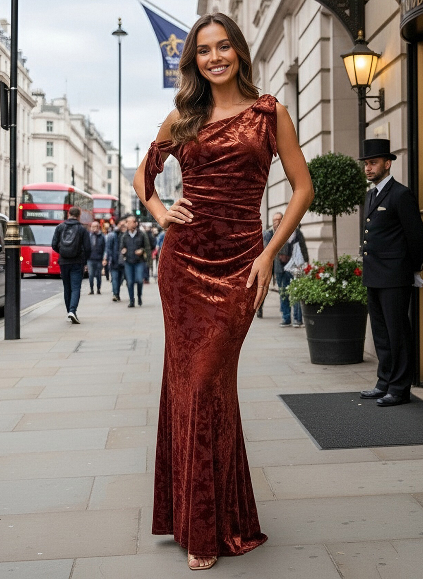 One Shoulder Satin Floral Print Mermaid Ruched Formal Dresses