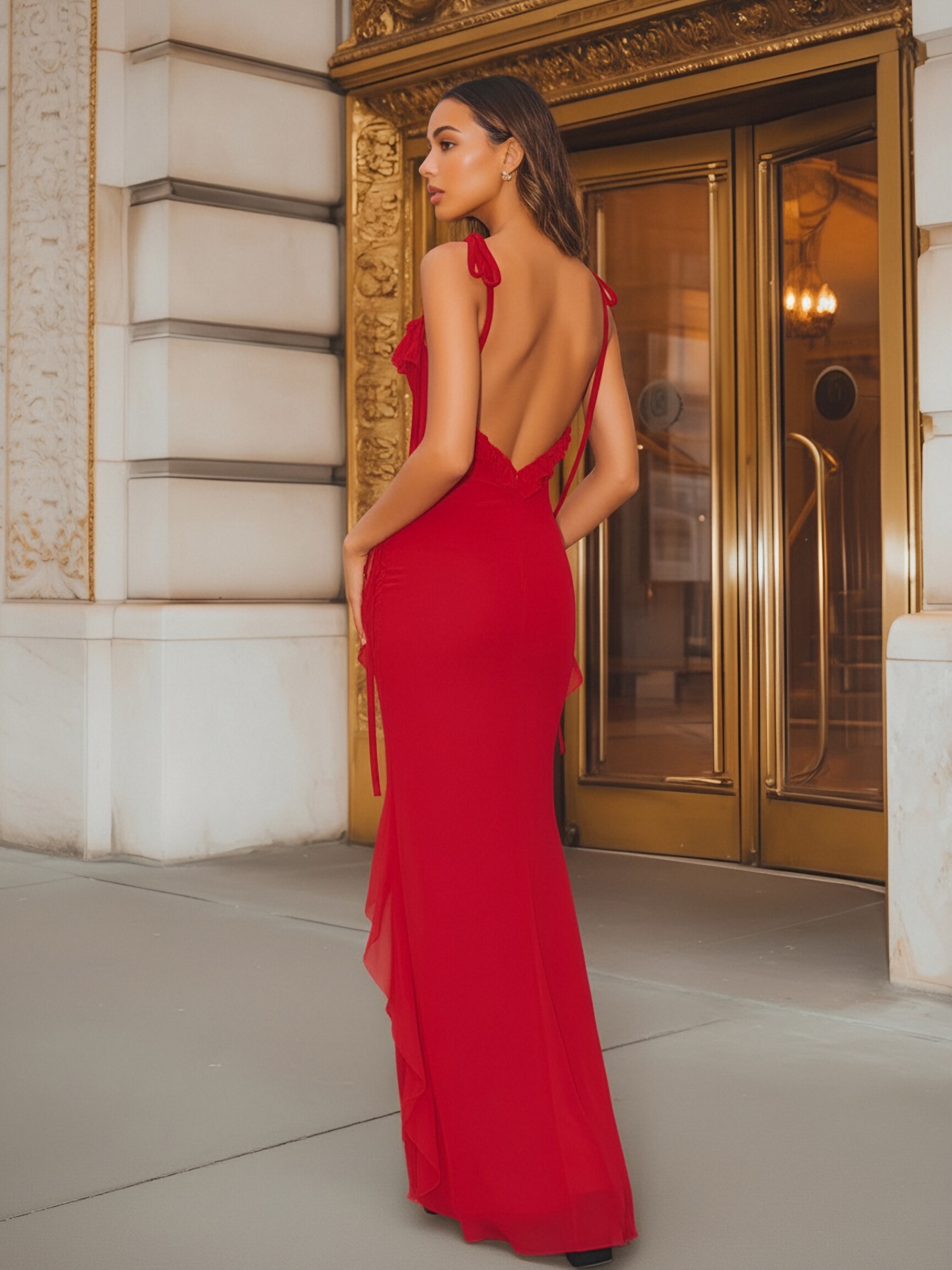 Chiffon Square Neck Ruffles Spaghetti Straps Formal Dresses