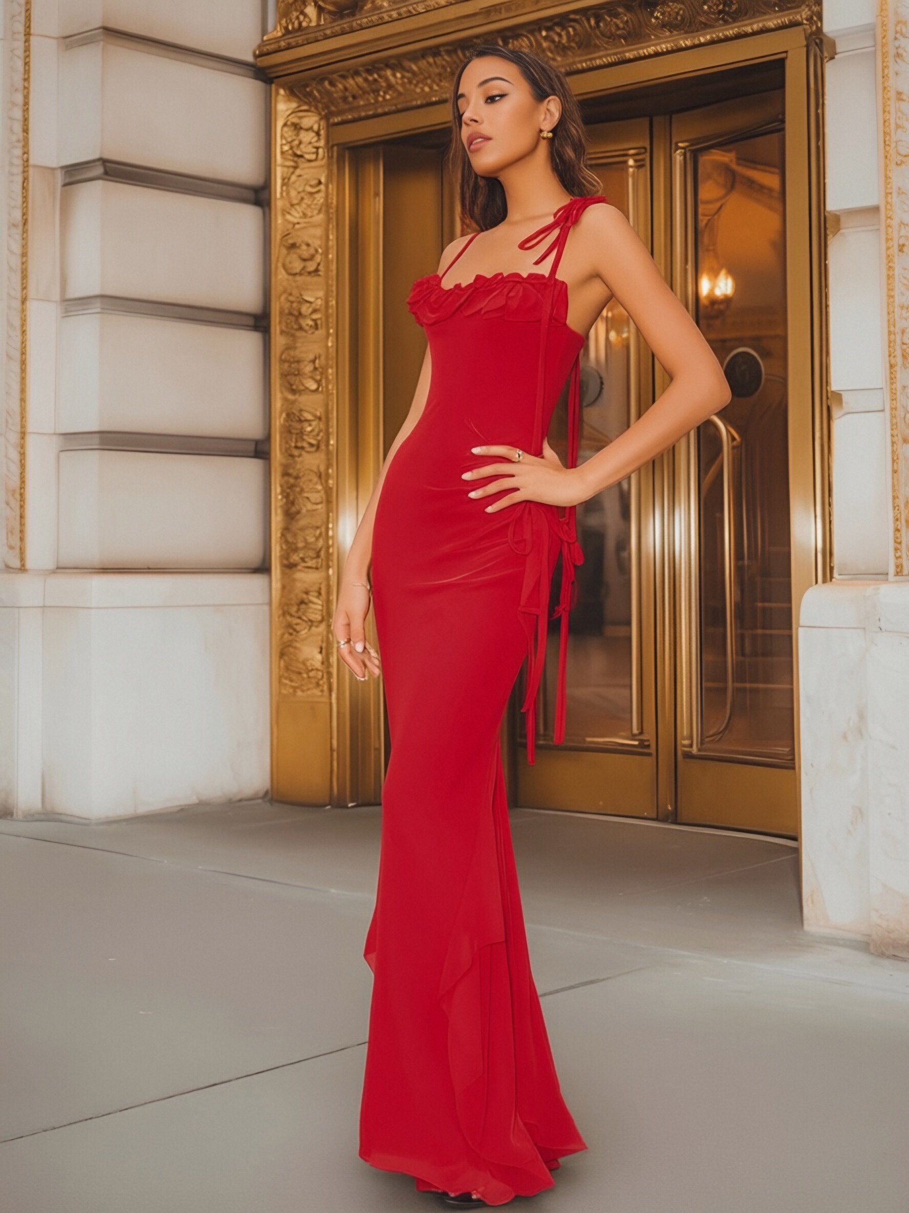 Chiffon Square Neck Ruffles Spaghetti Straps Formal Dresses