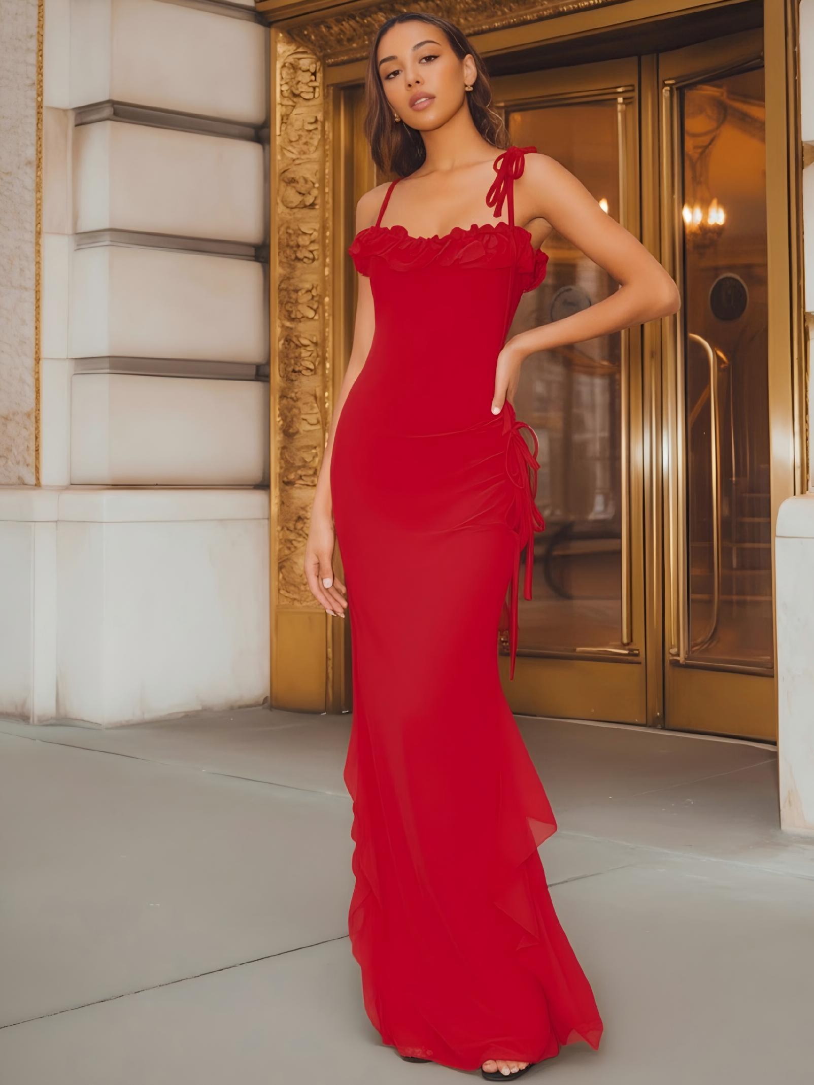 Chiffon Square Neck Ruffles Spaghetti Straps Formal Dresses