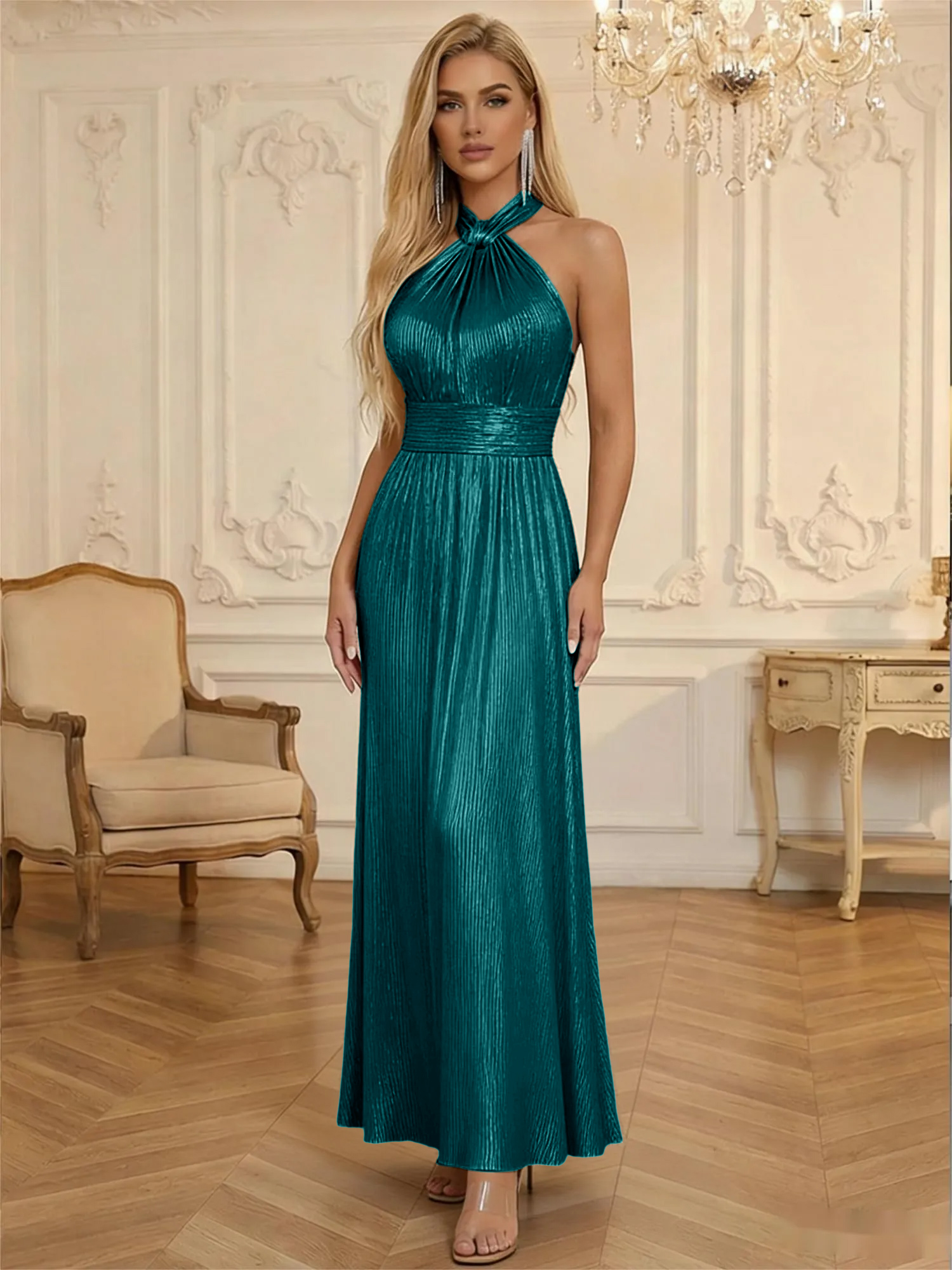 Satin Halter Corset Ruched Glitter Formal Dresses