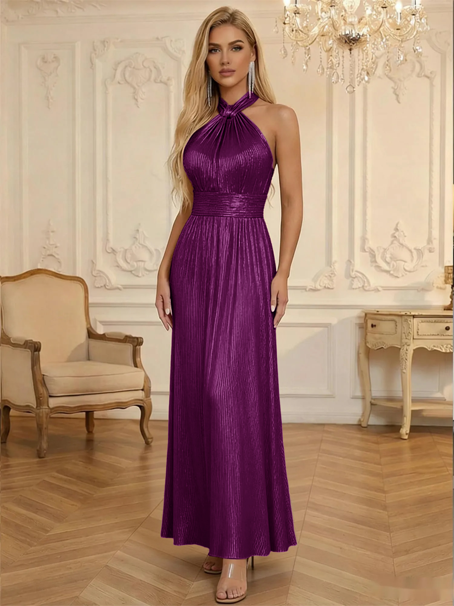 Satin Halter Corset Ruched Glitter Formal Dresses