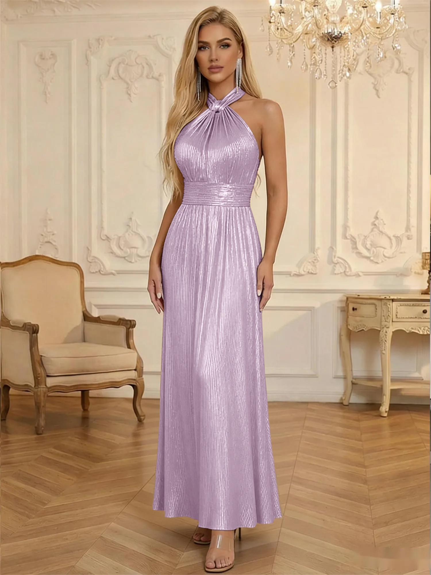 Satin Halter Corset Ruched Glitter Formal Dresses