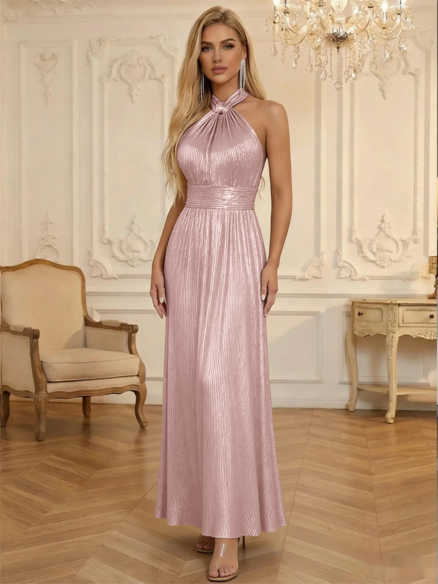 Satin Halter Corset Ruched Glitter Formal Dresses