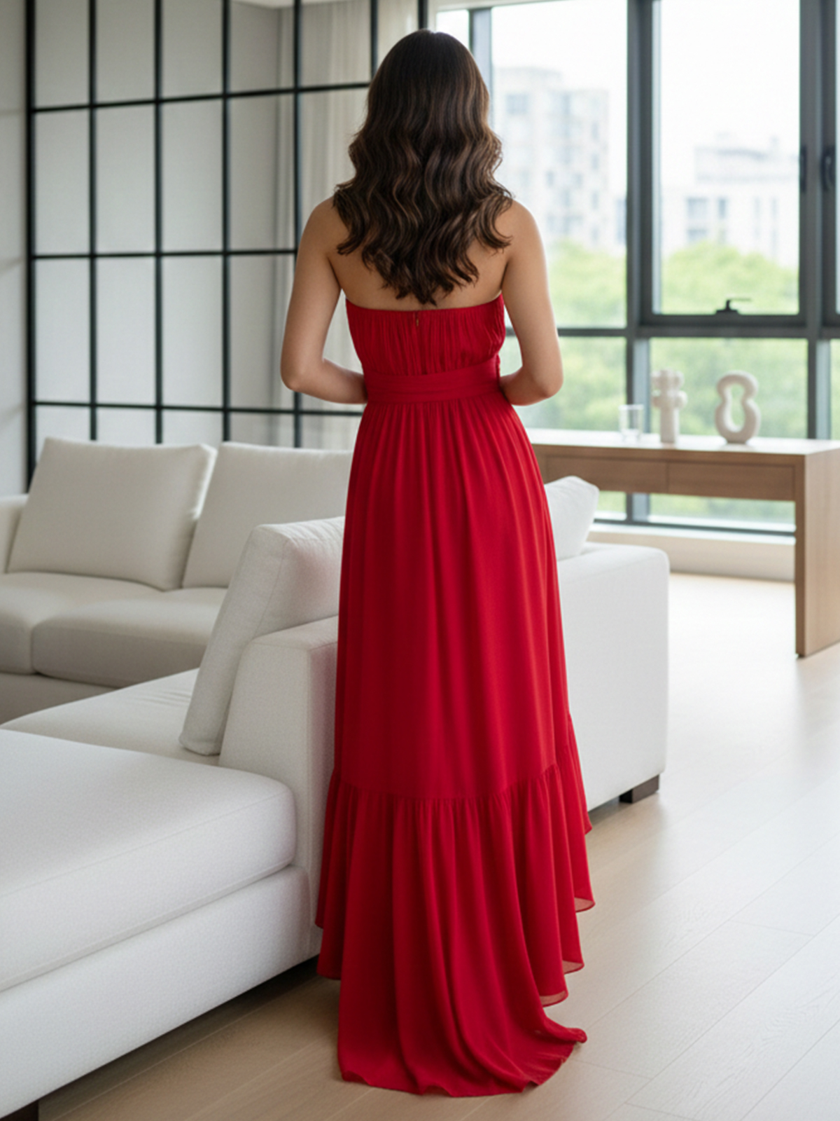 Chiffon A Line Sleeveless Strapless Ruffles Bow Formal Dresses with Slit