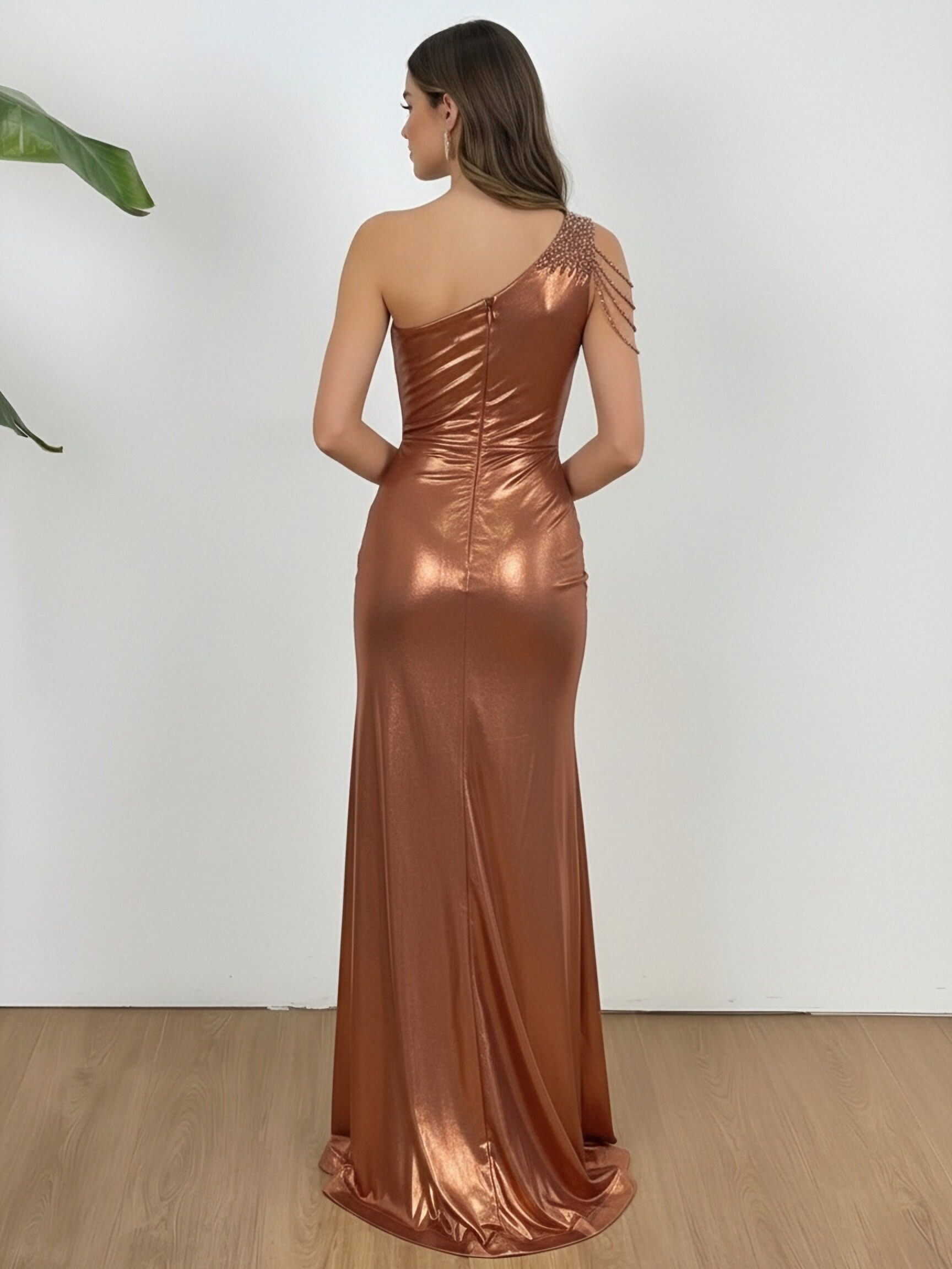 Satin One Shoulder Pleated Long Mermaid Formal Dresses with Slit