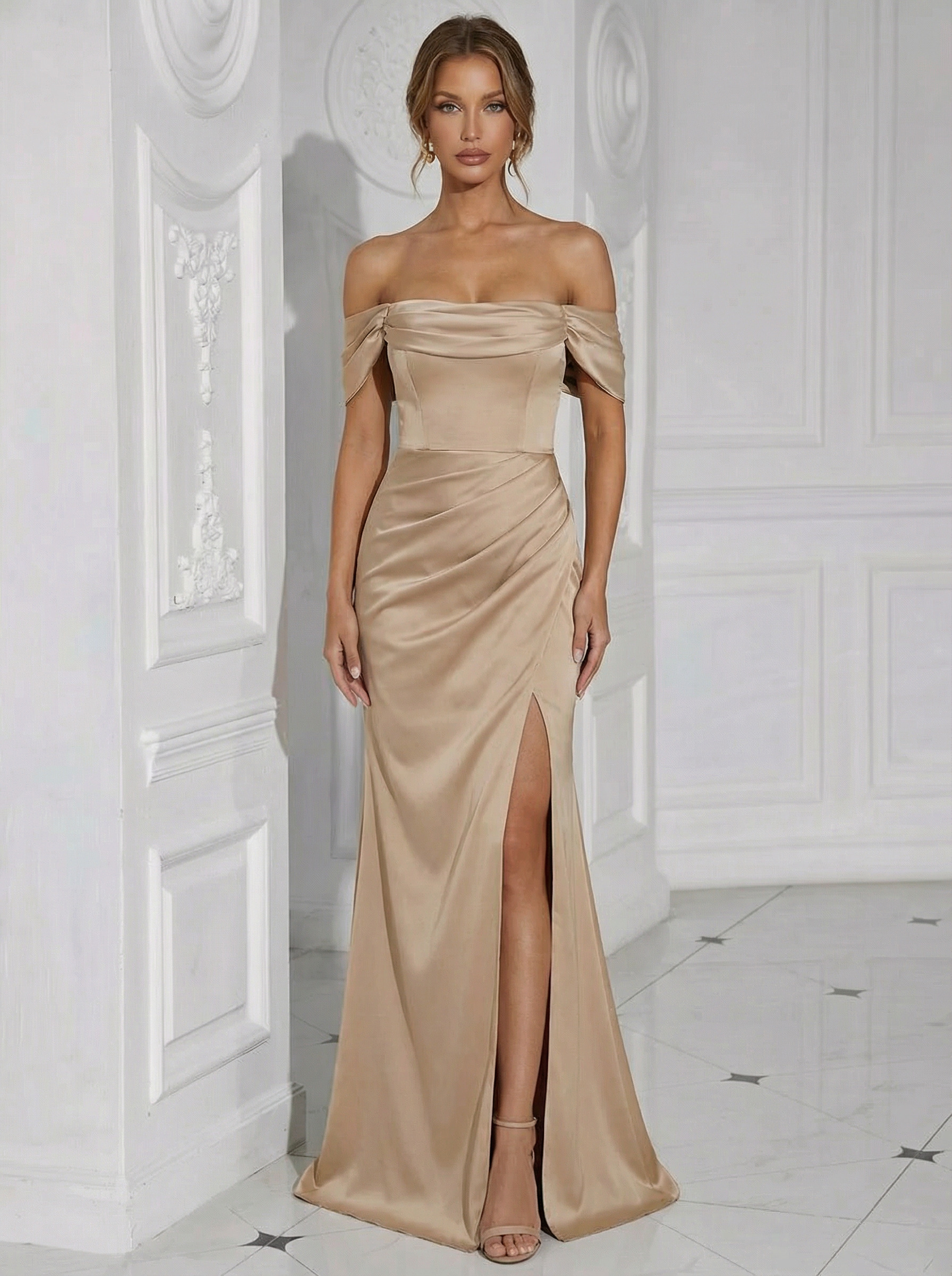 Off the Shoulder Satin Strapless Pleated Long Mermaid Formal Dresses with Slit