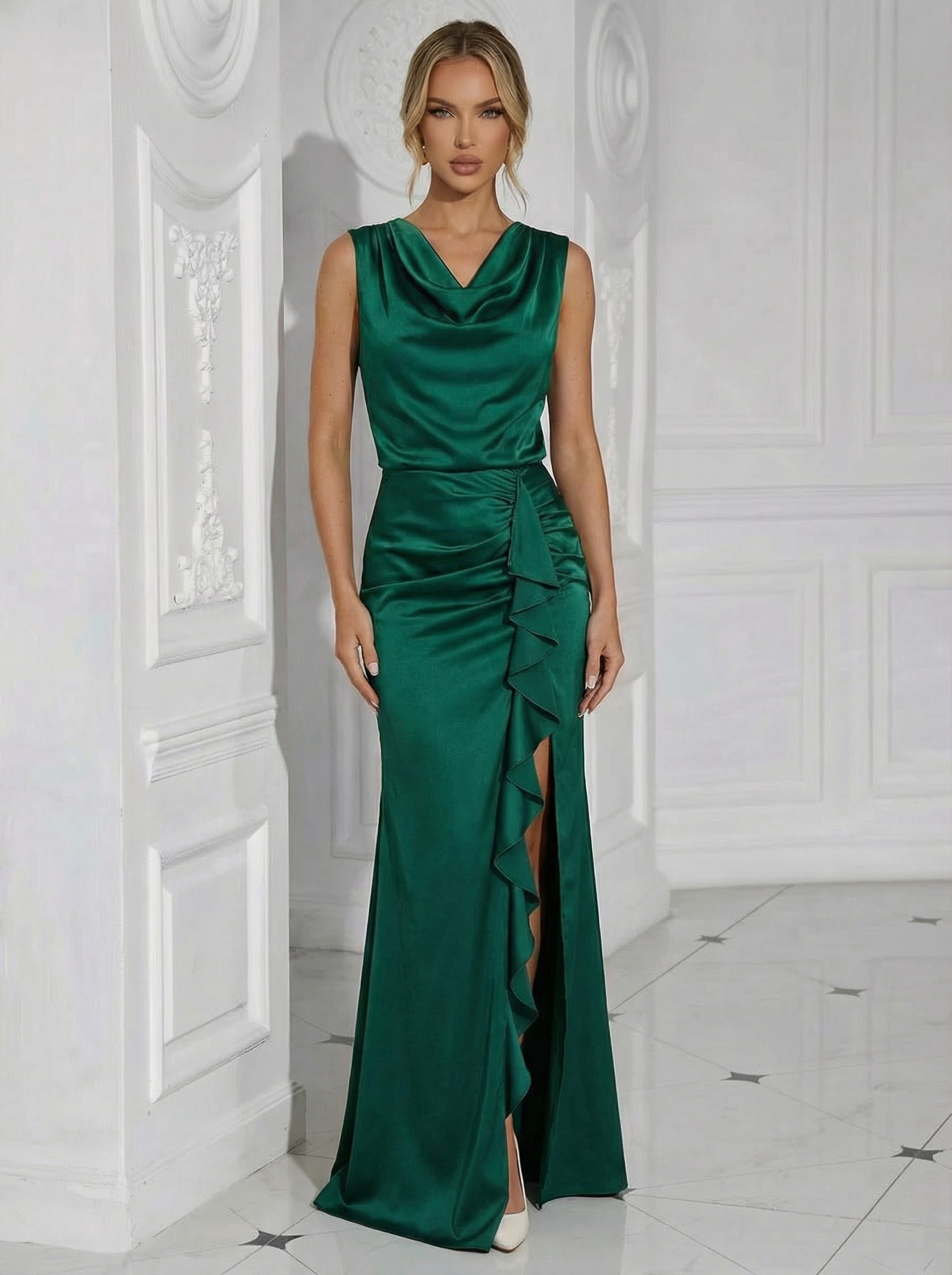 V Neck Ruffles Satin Strapless Pleated Long Mermaid Formal Dresses with Slit