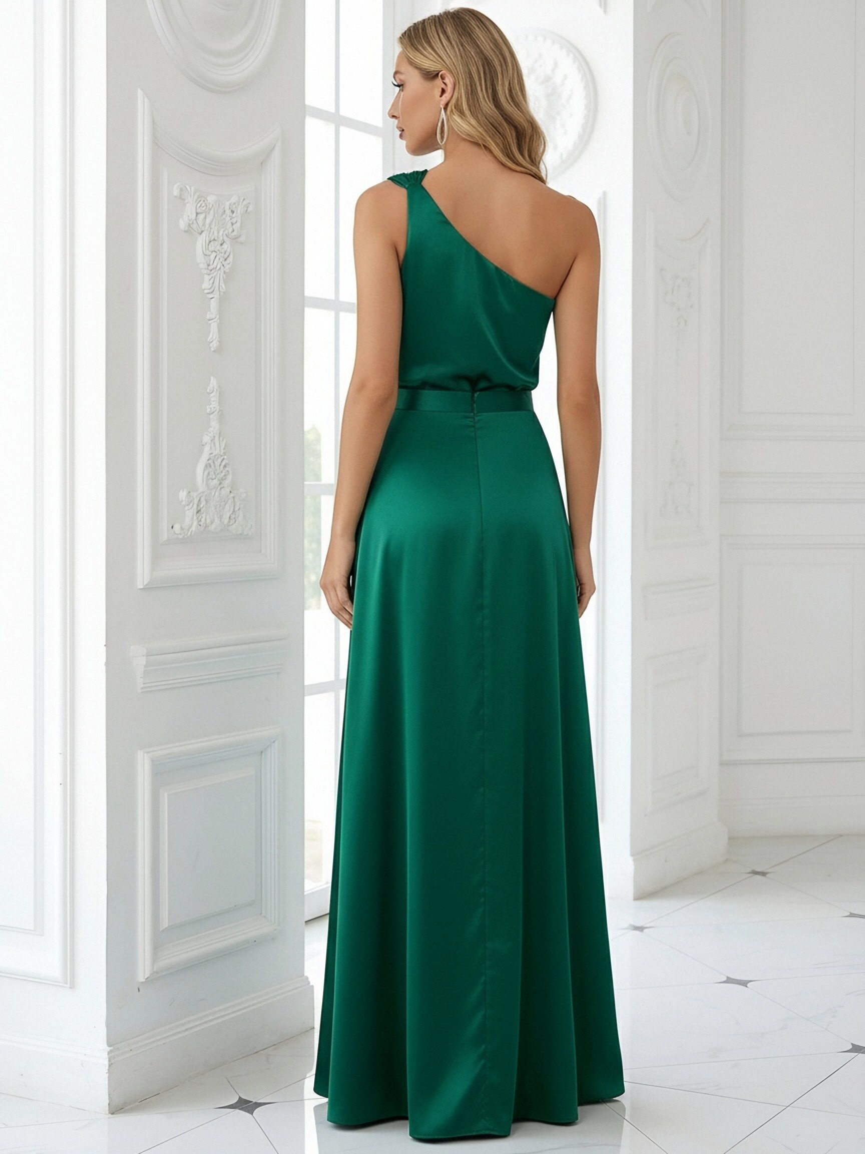 One Shoulder Ruffles Satin Pleated Long Mermaid Formal Dresses with Slit