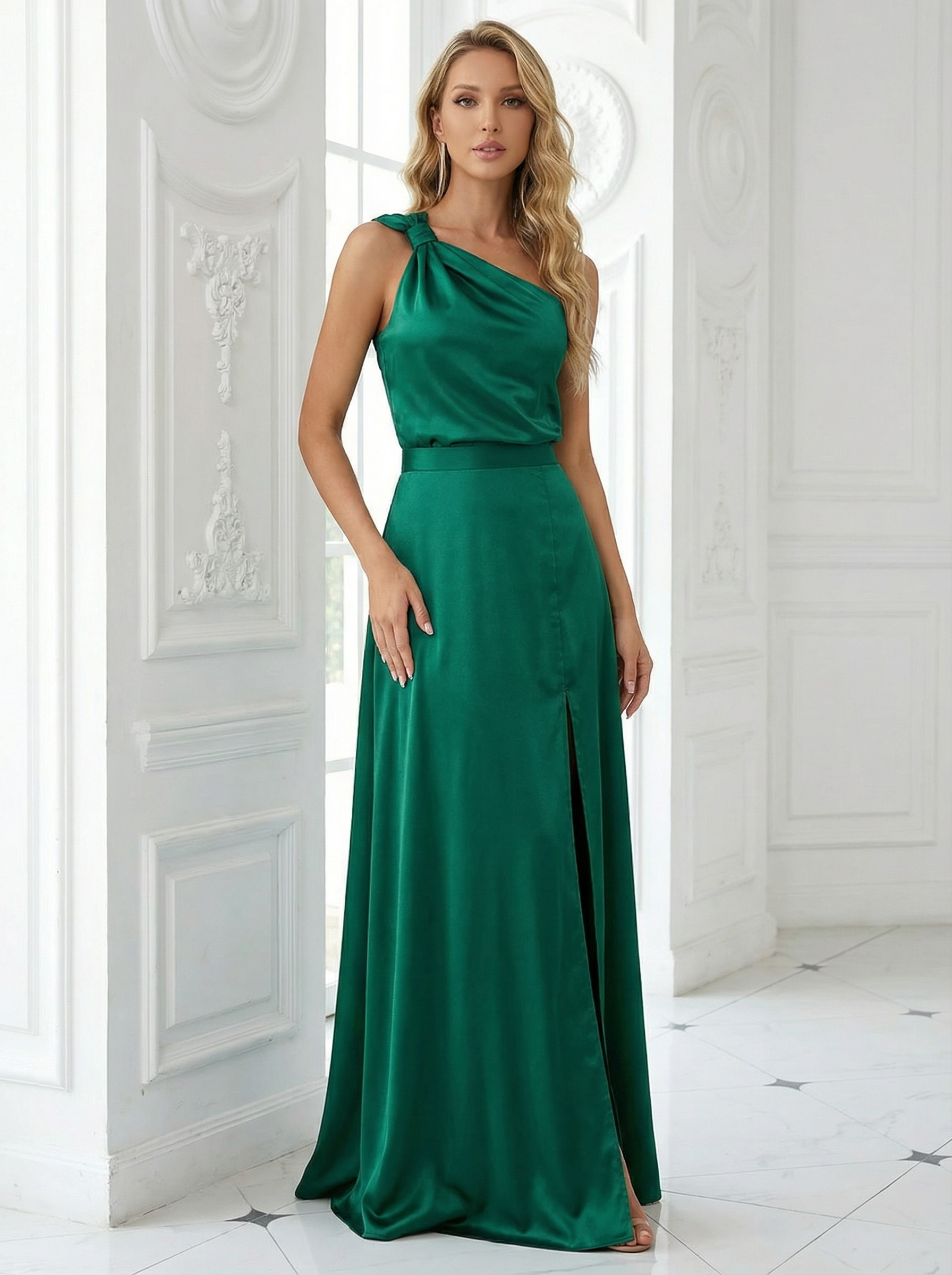 One Shoulder Ruffles Satin Pleated Long Mermaid Formal Dresses with Slit