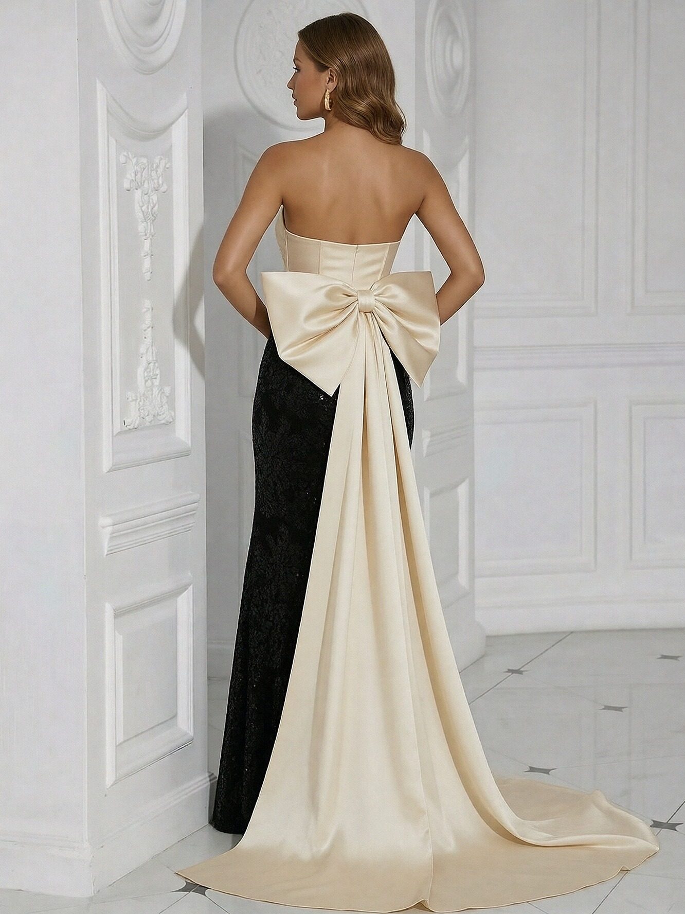 Sweetheart Sparkly Satin Pleated Long Mermaid Formal Dresses with Bow