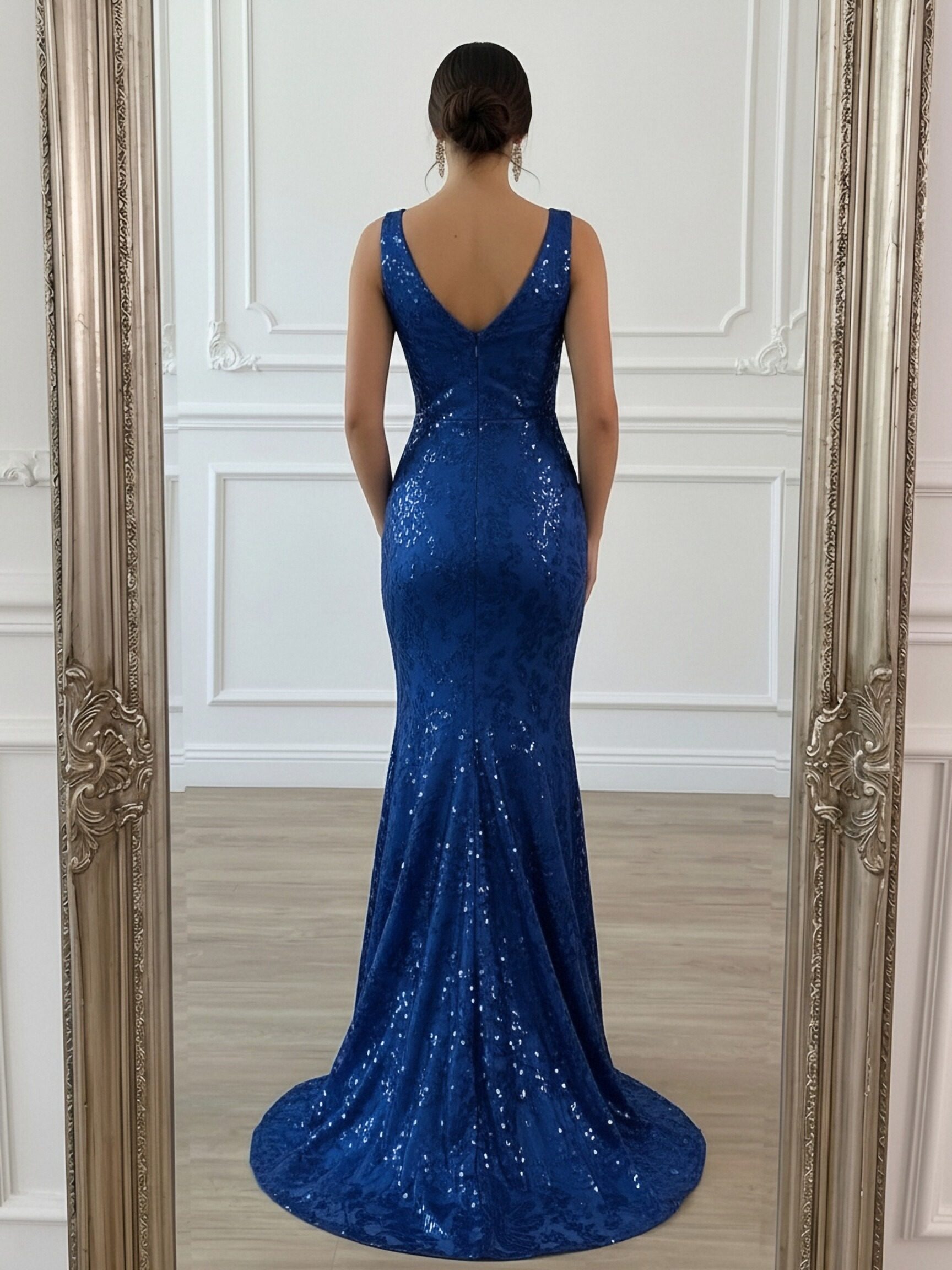 V Neck Sparkly Long Mermaid Formal Dresses
