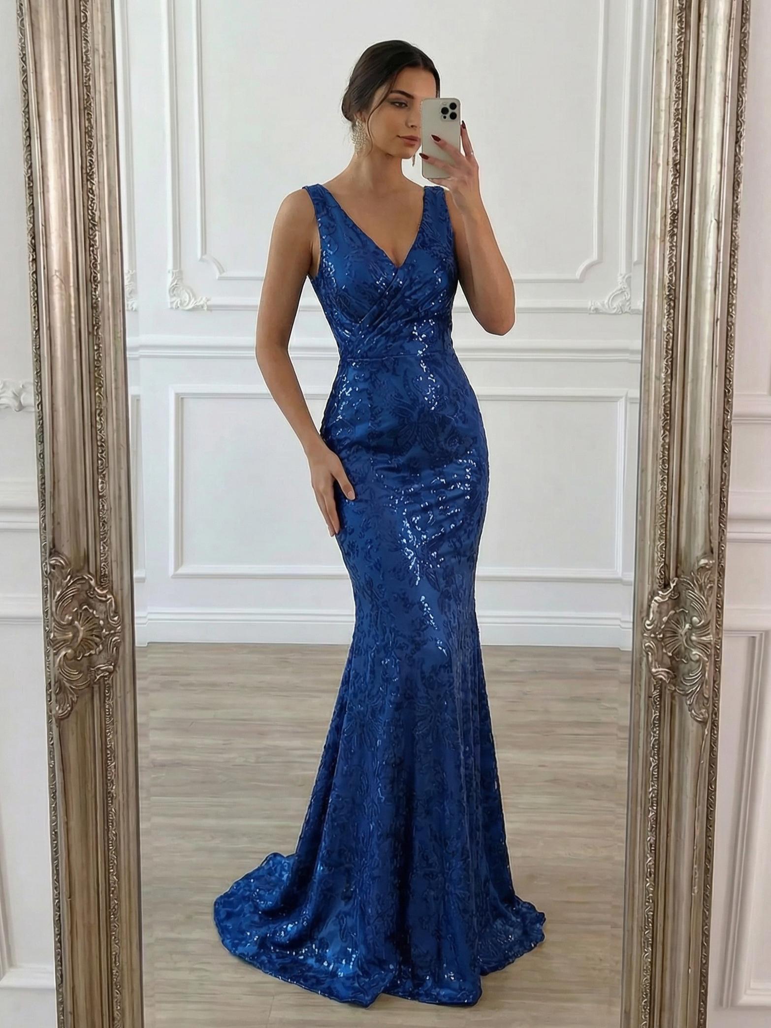 V Neck Sparkly Long Mermaid Formal Dresses