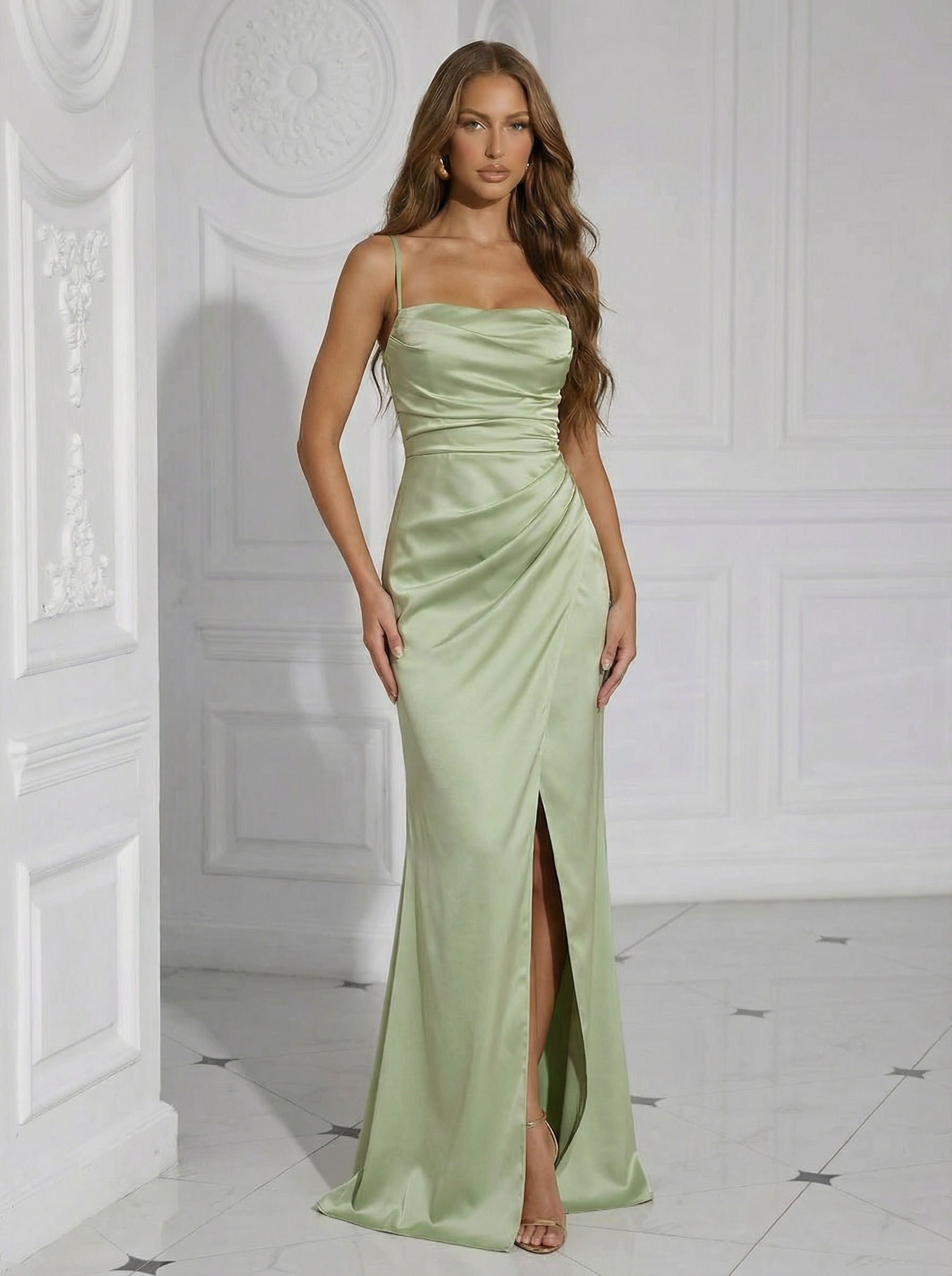 Satin Spaghetti Straps Square Neck Pleated Long Mermaid Formal Dresses with Slit
