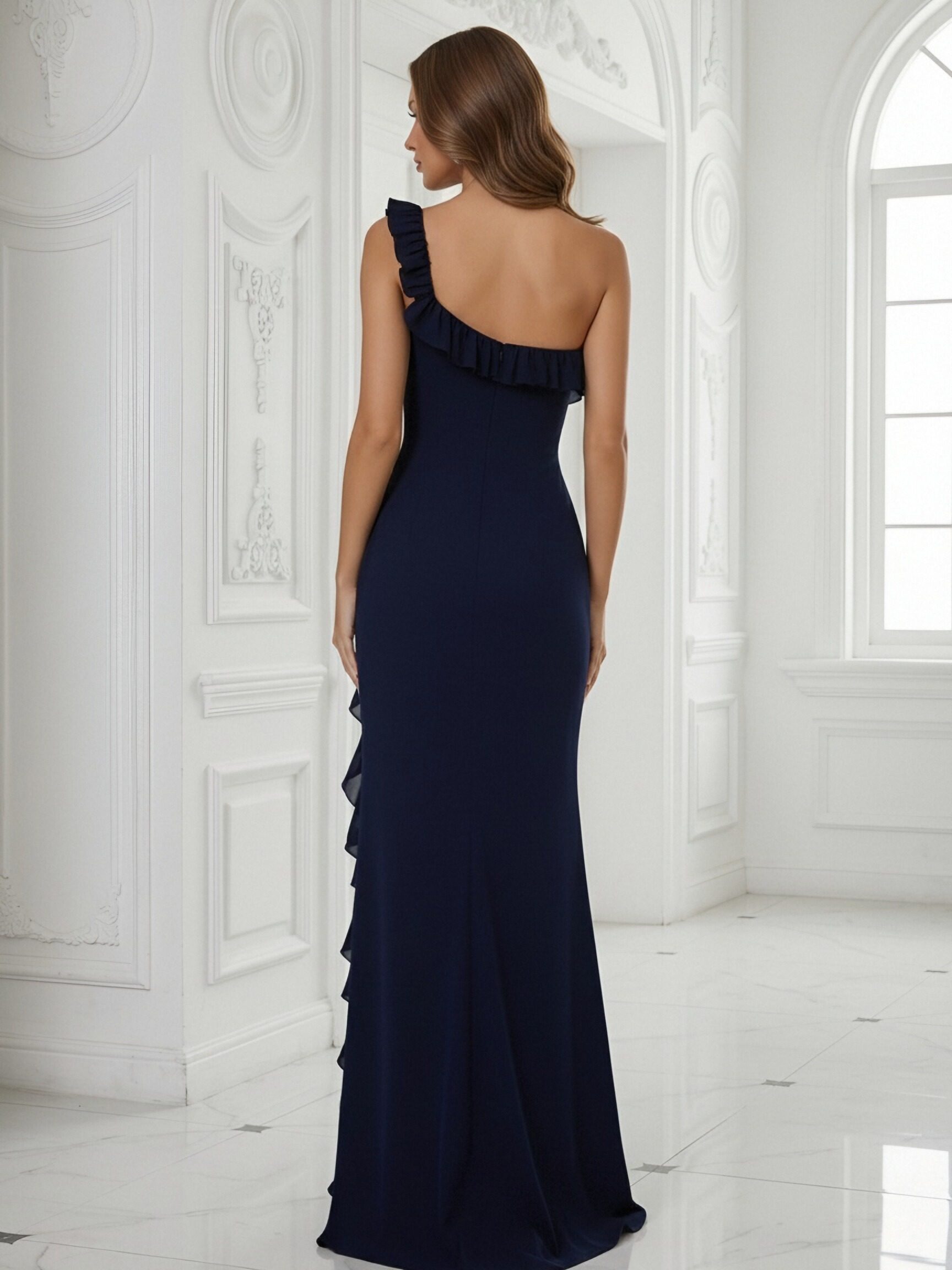 One Shoulder Ruffles Long Mermaid Formal Evening Dresses with Slit