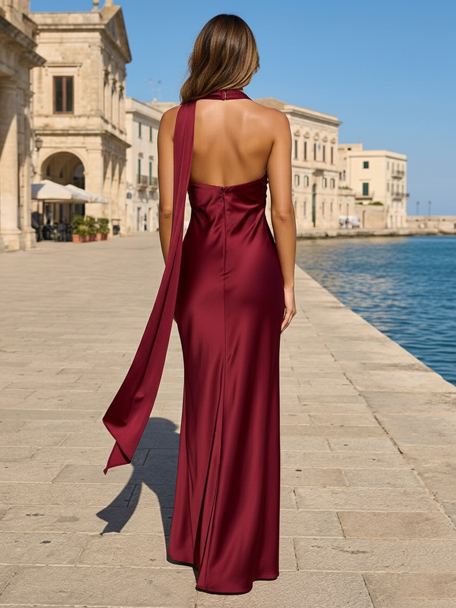 Halter Satin Strapless Pleated Long Mermaid Formal Dresses