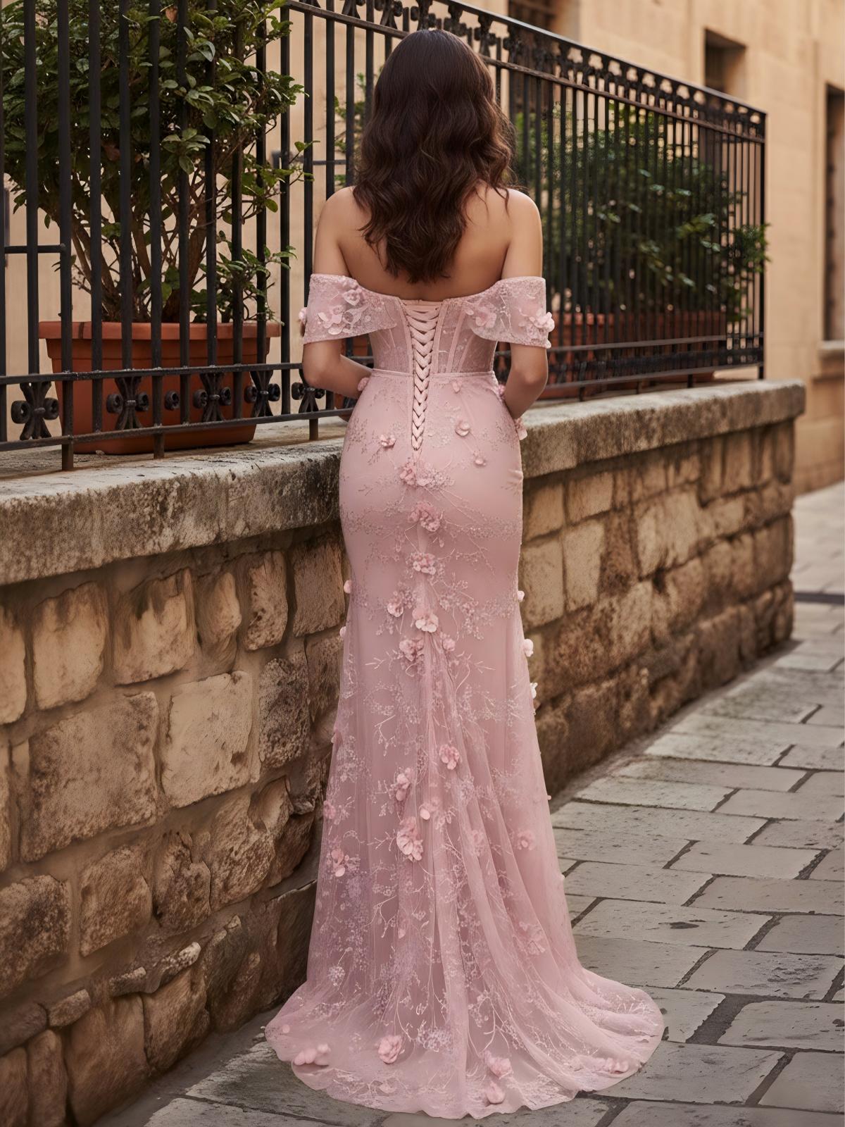 Lace Appliques Tulle Floral Print High Slit Off the Shoulder Formal Dresses