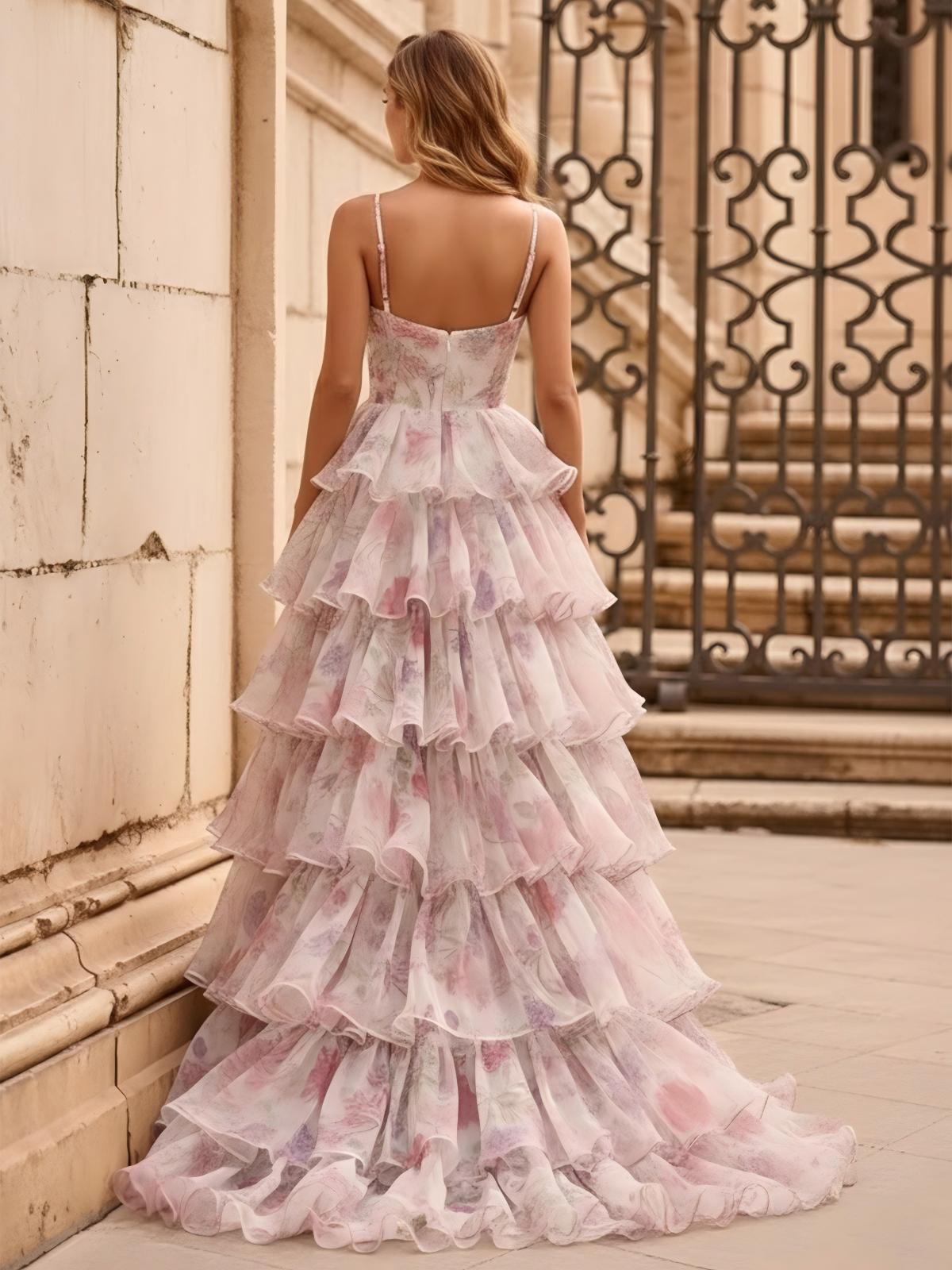 Spaghetti Straps Tiered V Neck Tulle A Line Formal Dresses with Slit