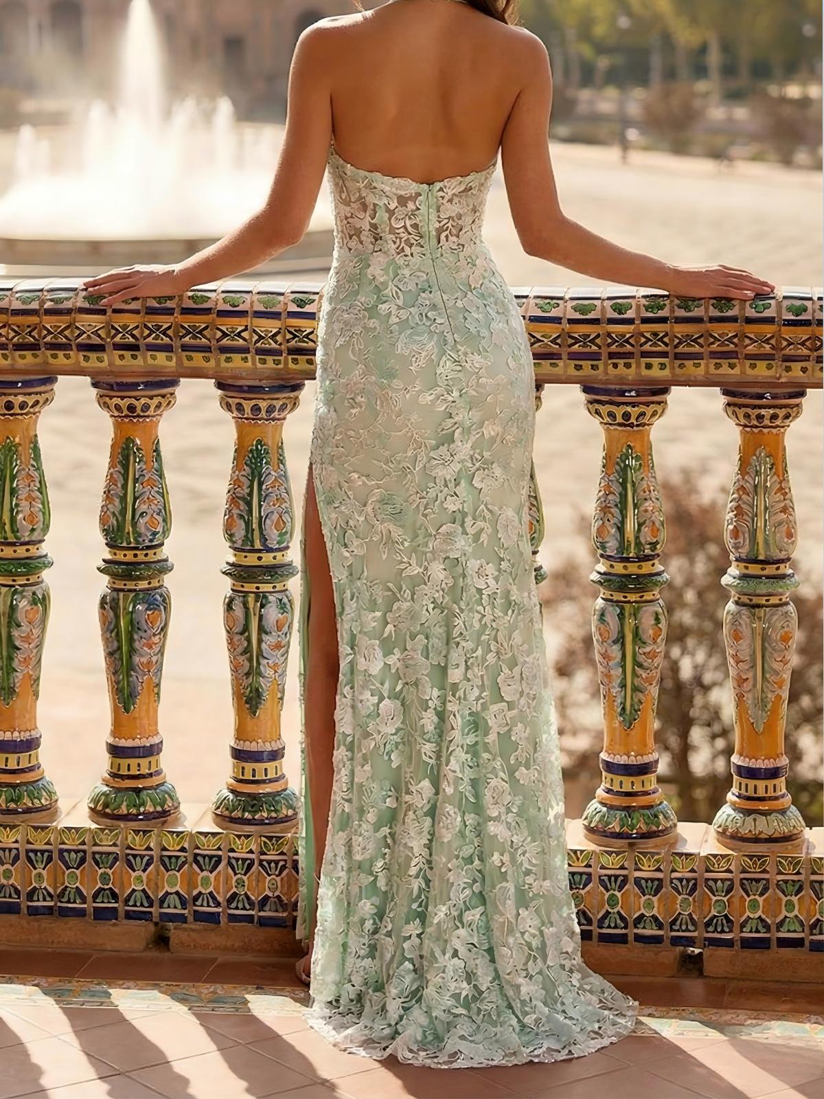 Lace Appliques Halter Mermaid Tulle Formal Dresses with Slit