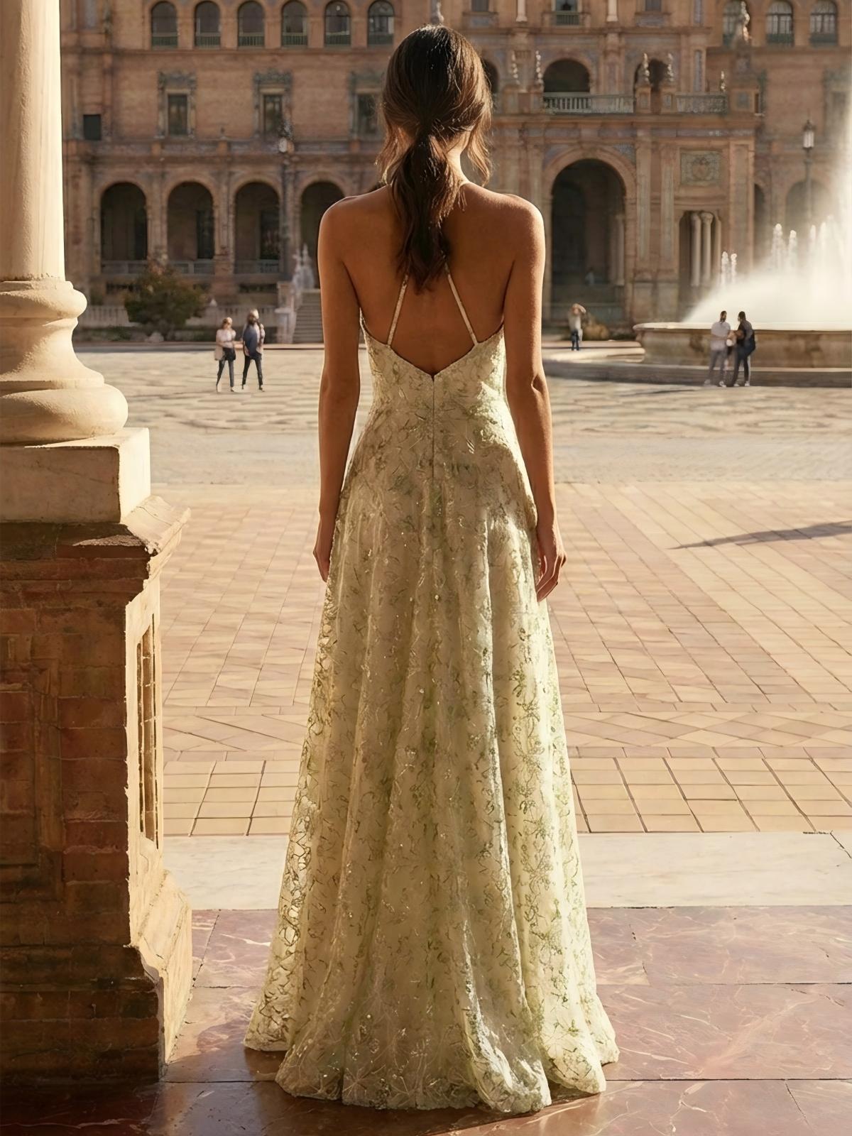 Lace Appliques Halter A Line Tulle Formal Dresses with Slit