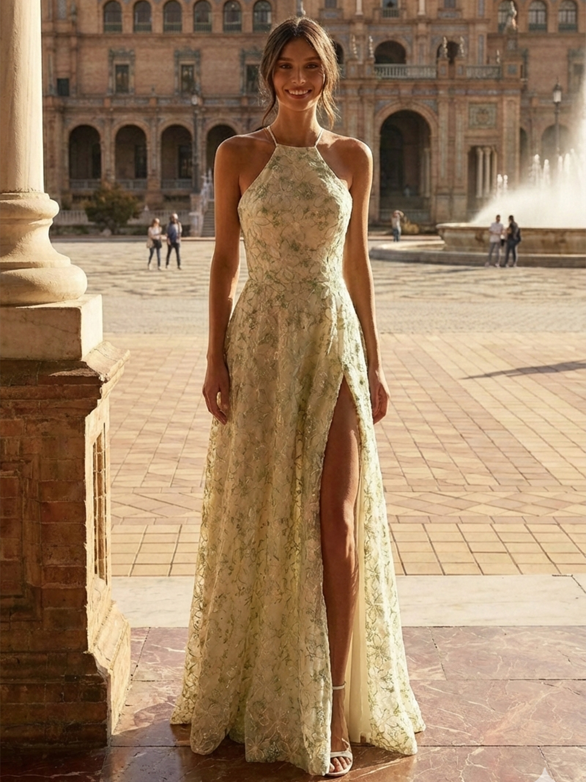 Lace Appliques Halter A Line Tulle Formal Dresses with Slit