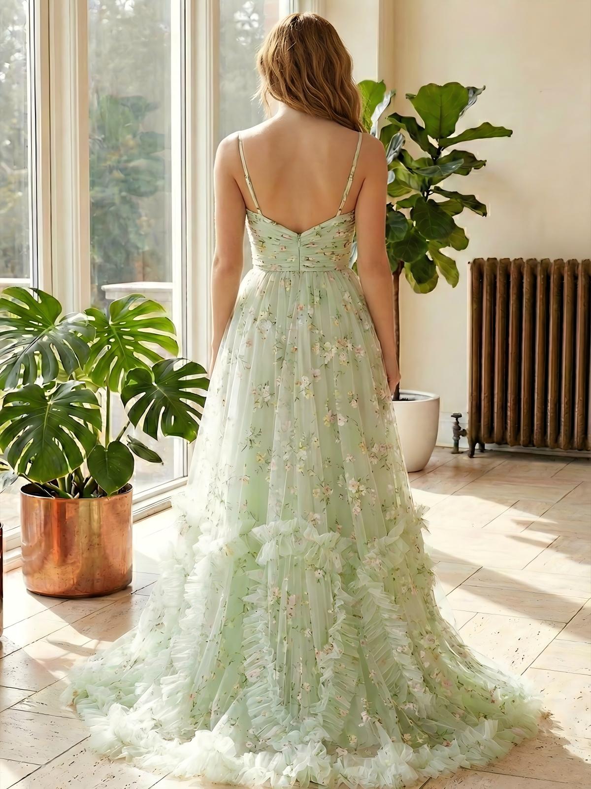 Spaghetti Straps Cut Out Tiered A Line Tulle Formal Dresses with Slit