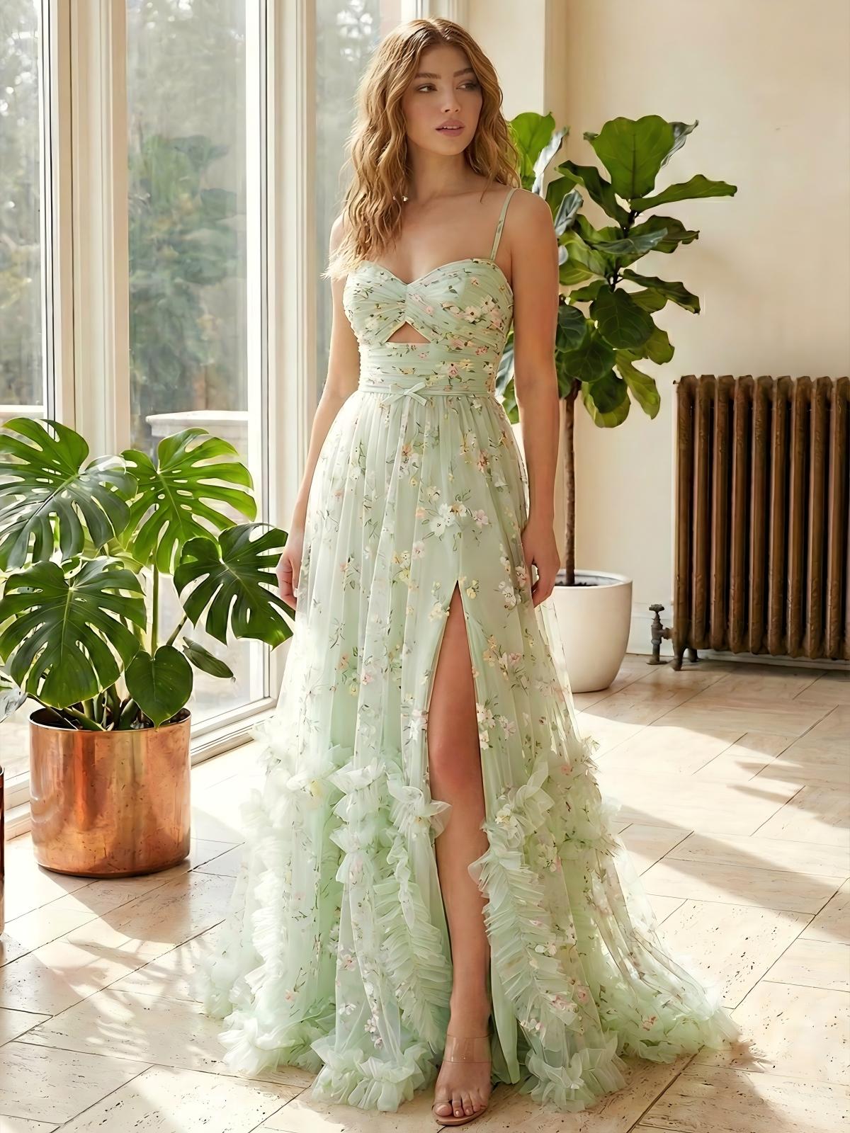 Spaghetti Straps Cut Out Tiered A Line Tulle Formal Dresses with Slit