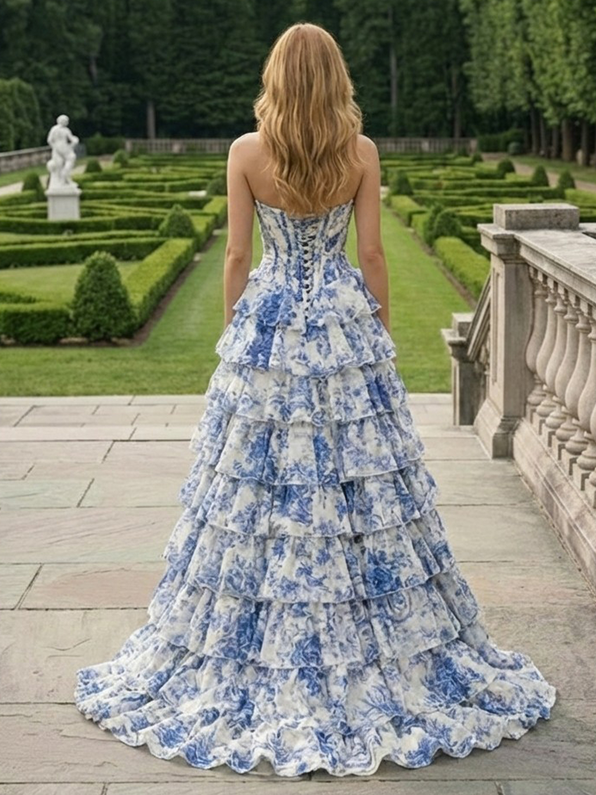 Tiered 3D Flowers A Line V Neck Tulle Formal Dresses with Slit