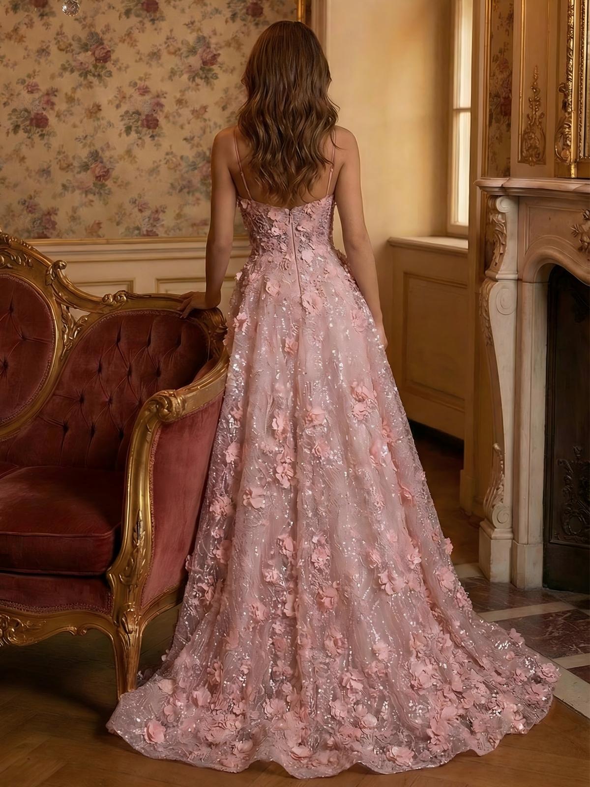 3D Flowers A Line Spaghetti Straps V Neck Sparkly Tulle Formal Dresses