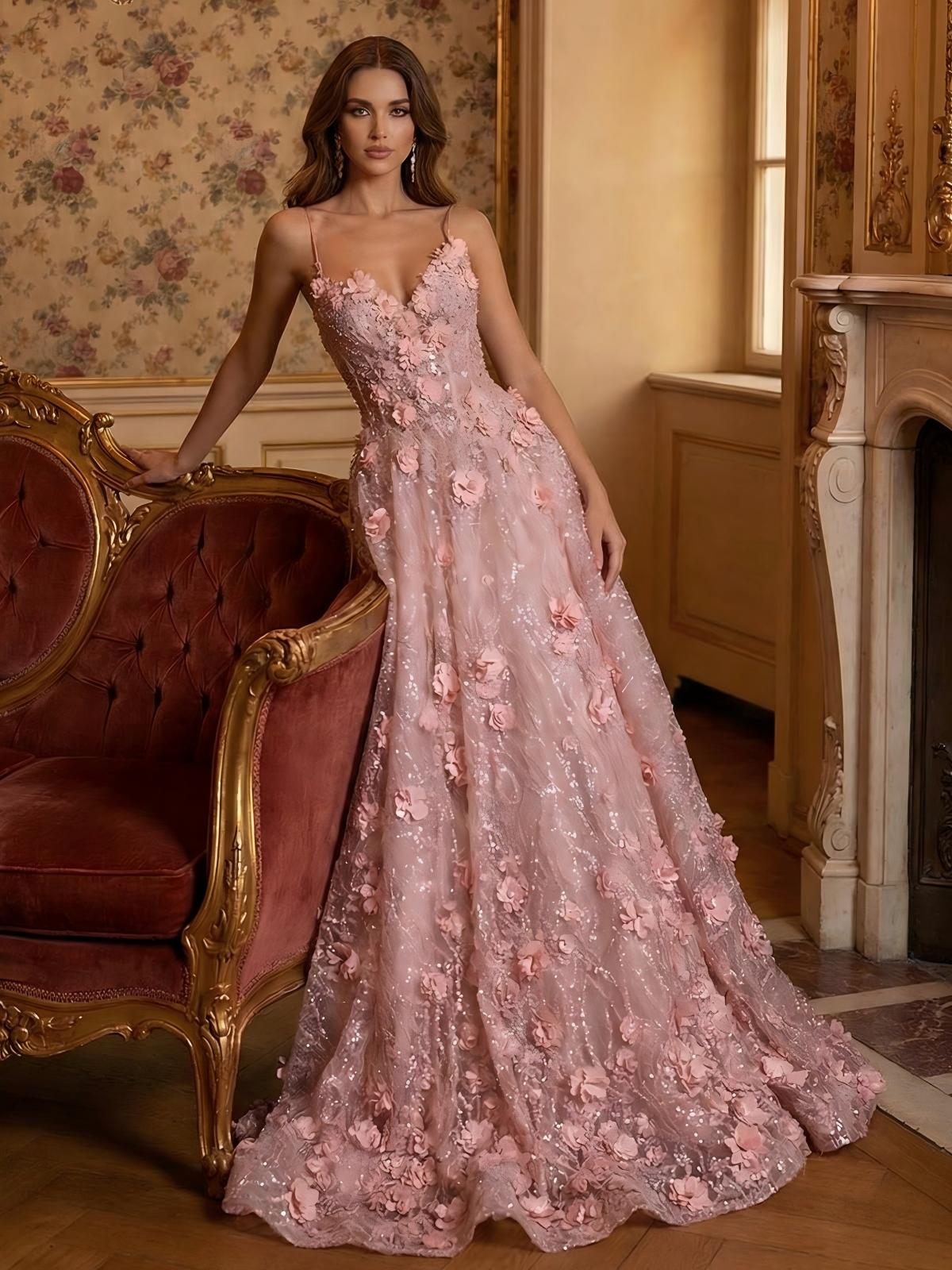 3D Flowers A Line Spaghetti Straps V Neck Sparkly Tulle Formal Dresses